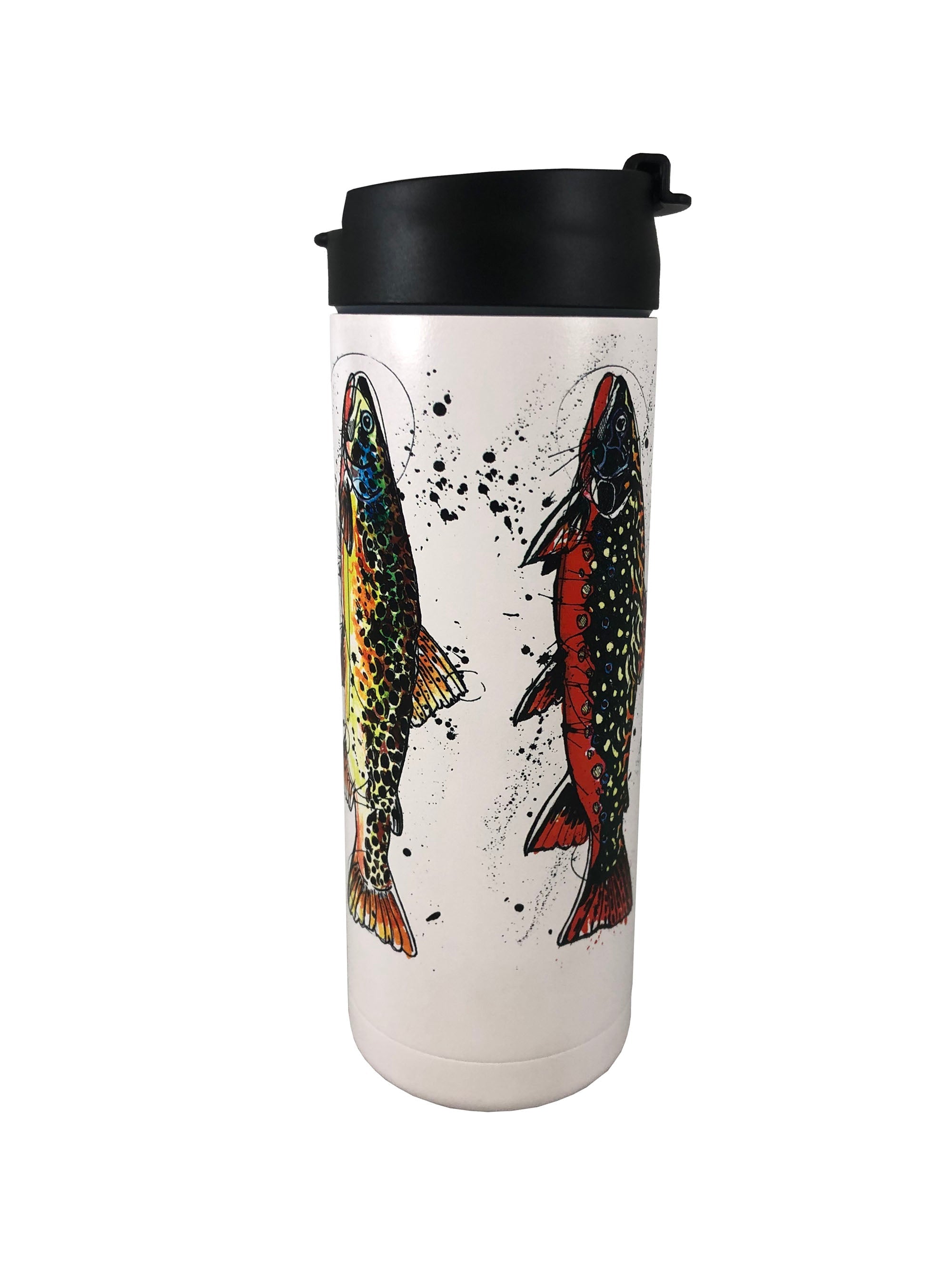 White 20 oz. Grand Slam hot and cold beverage bottle by Cognito Brands, Inc. with a trout coffee design on the front.