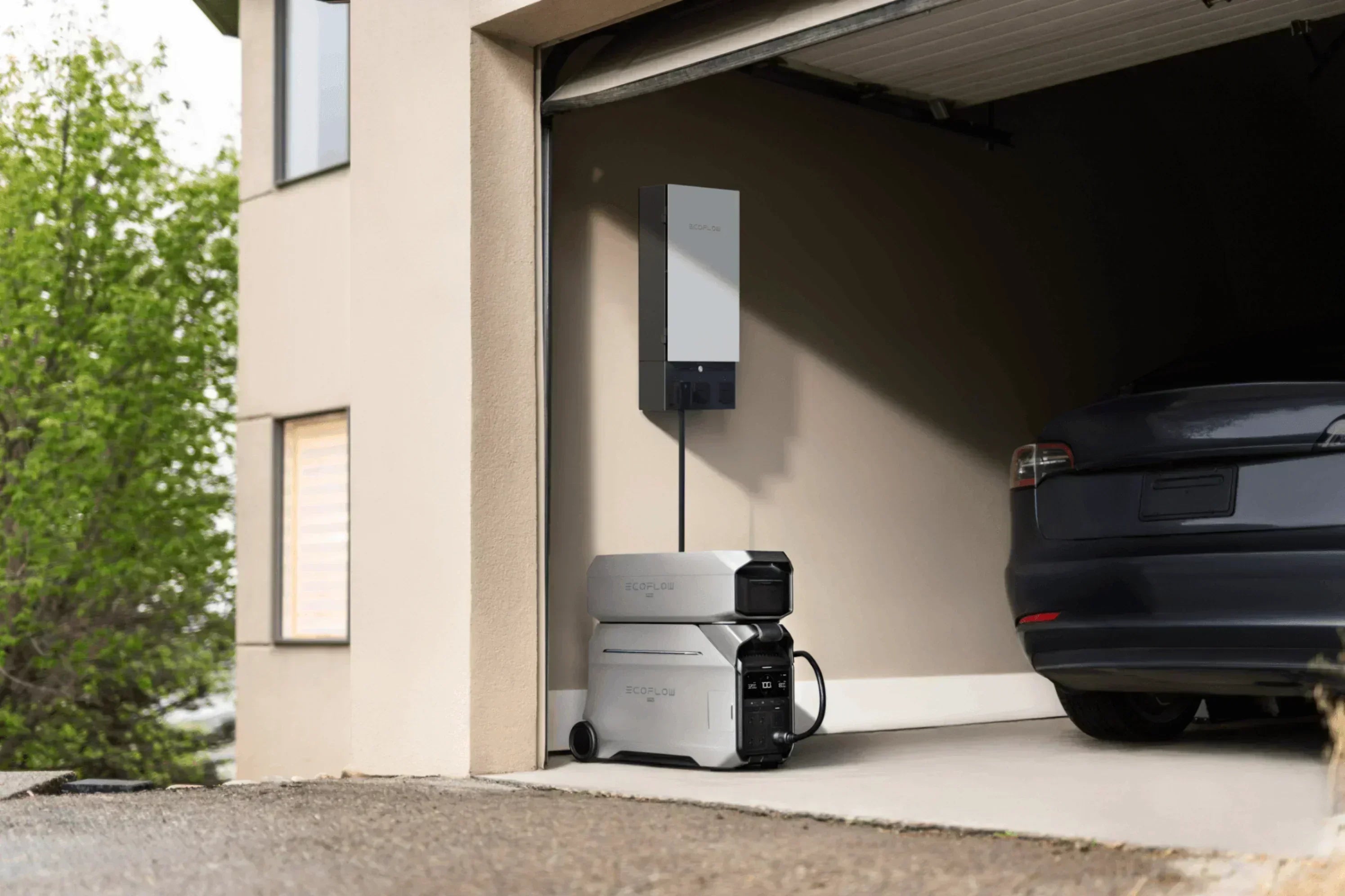 Green Vista Living EcoFlow DELTA Pro 3 portable solar generator powering a garage with solar panels and connected devices.