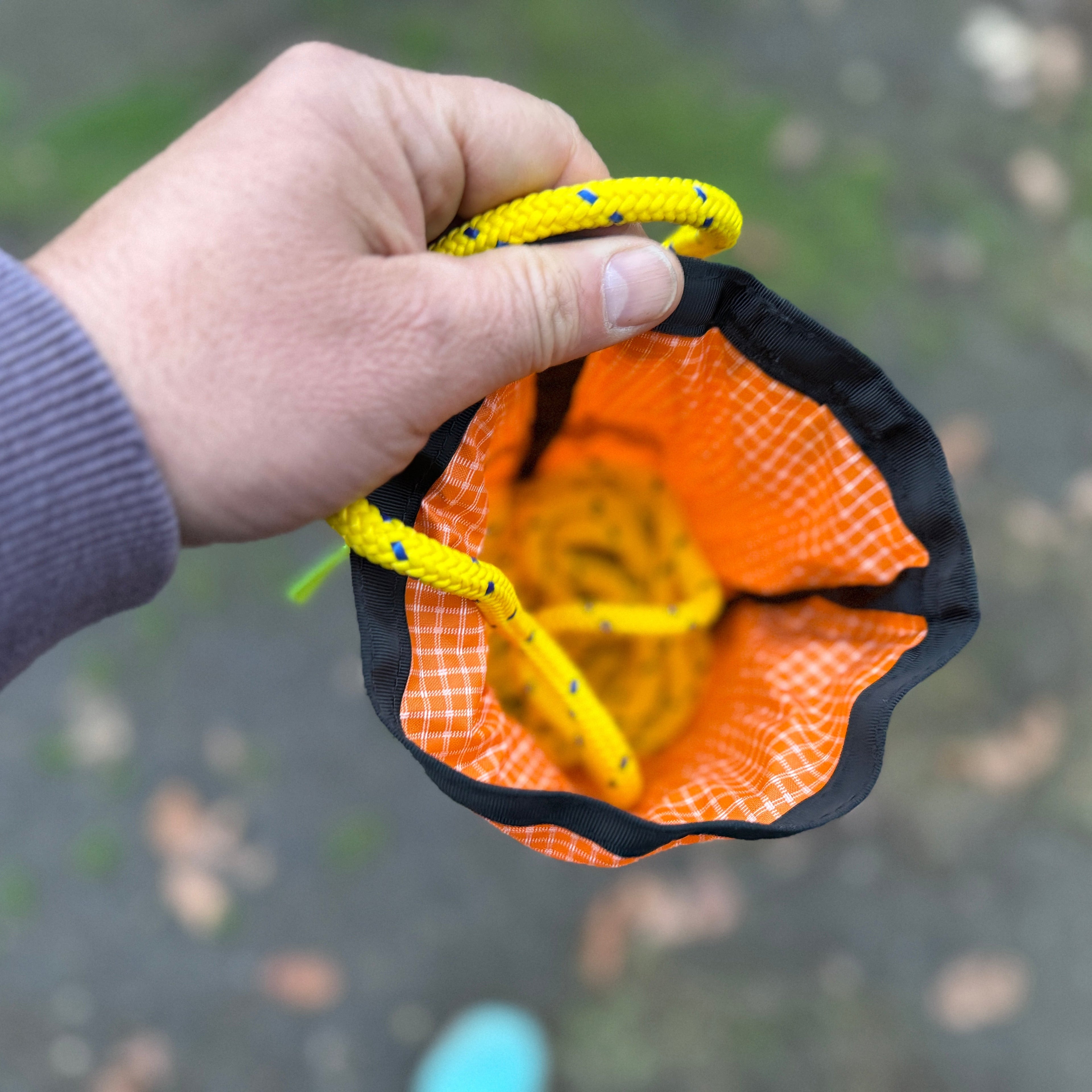 Wide mouth opening of River Hardware Flare 55' throw bag, designed for water rescue and safety with durable construction.