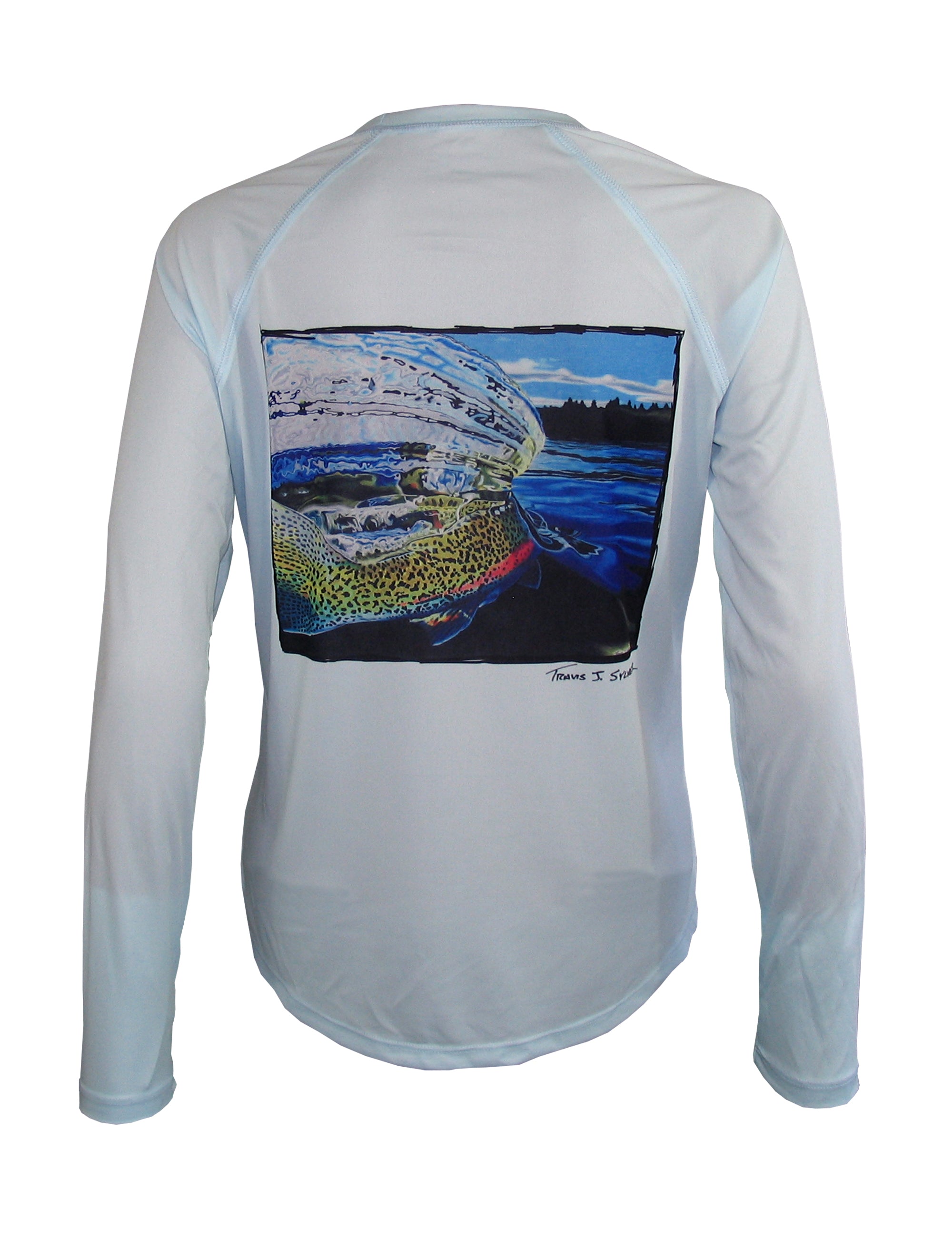 Women's Sun Protective Fishing Shirt Arctic Blue/Whiplash Rainbow Trout - OVERLANDERS Outfitter