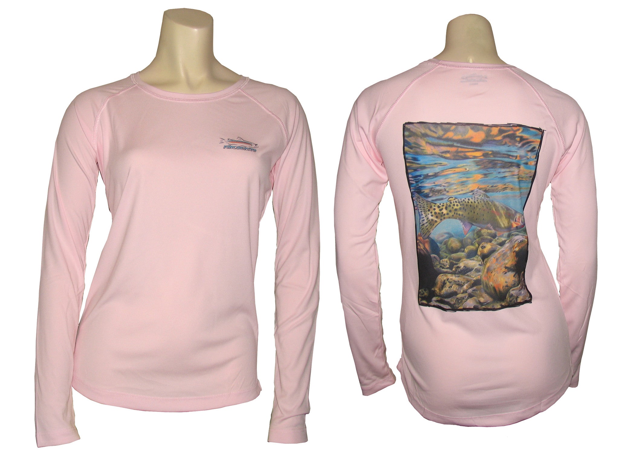 Women's Sun Protective Fishing Shirt Pink Blossom/Freestone Cutthroat Trout - OVERLANDERS Outfitter