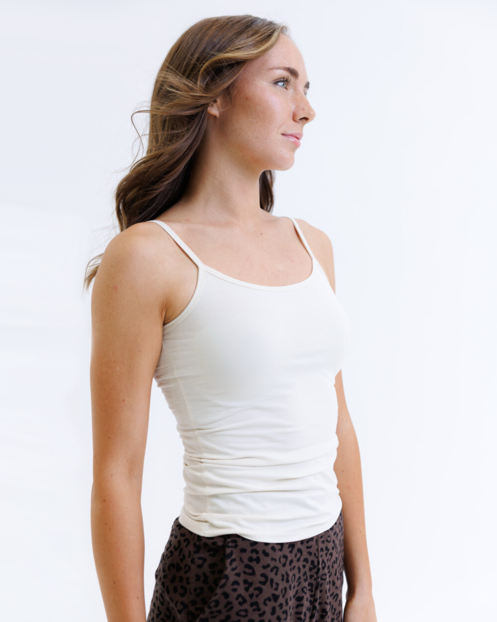 Downeast Wonder Cami tee in soft fabric, shown in a relaxed fit with a scoop neckline and sleeveless design.
