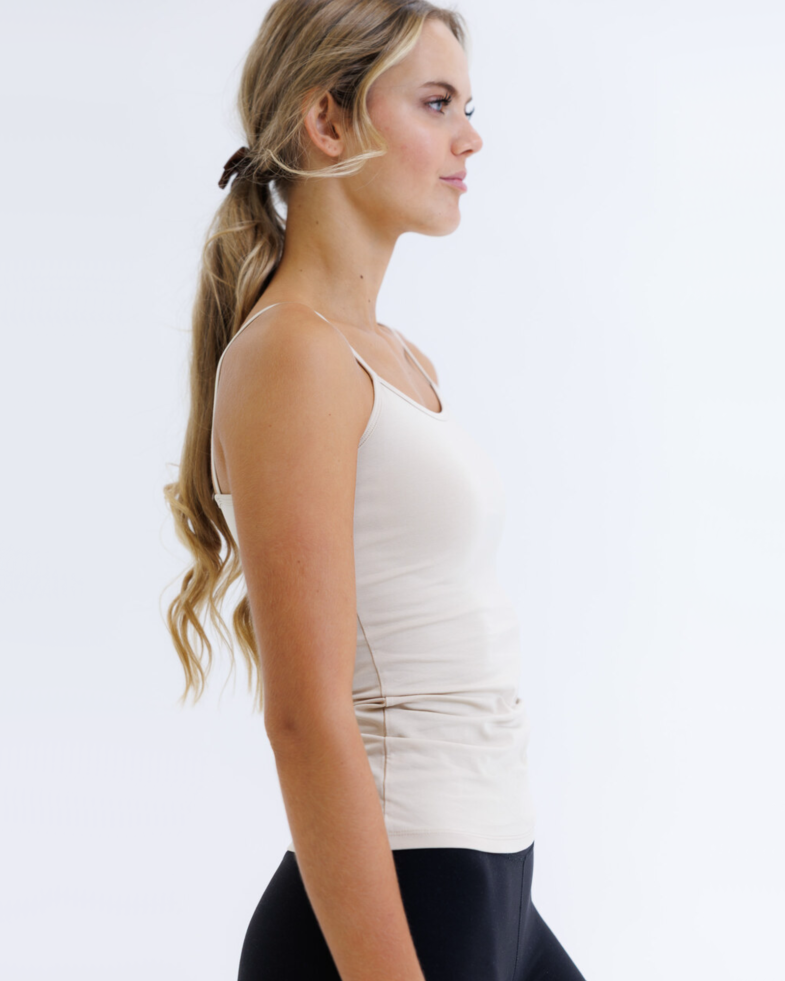 Downeast Wonder Cami in nude, soft cotton tee with a sleek fitted design, perfect for layering or casual wear.