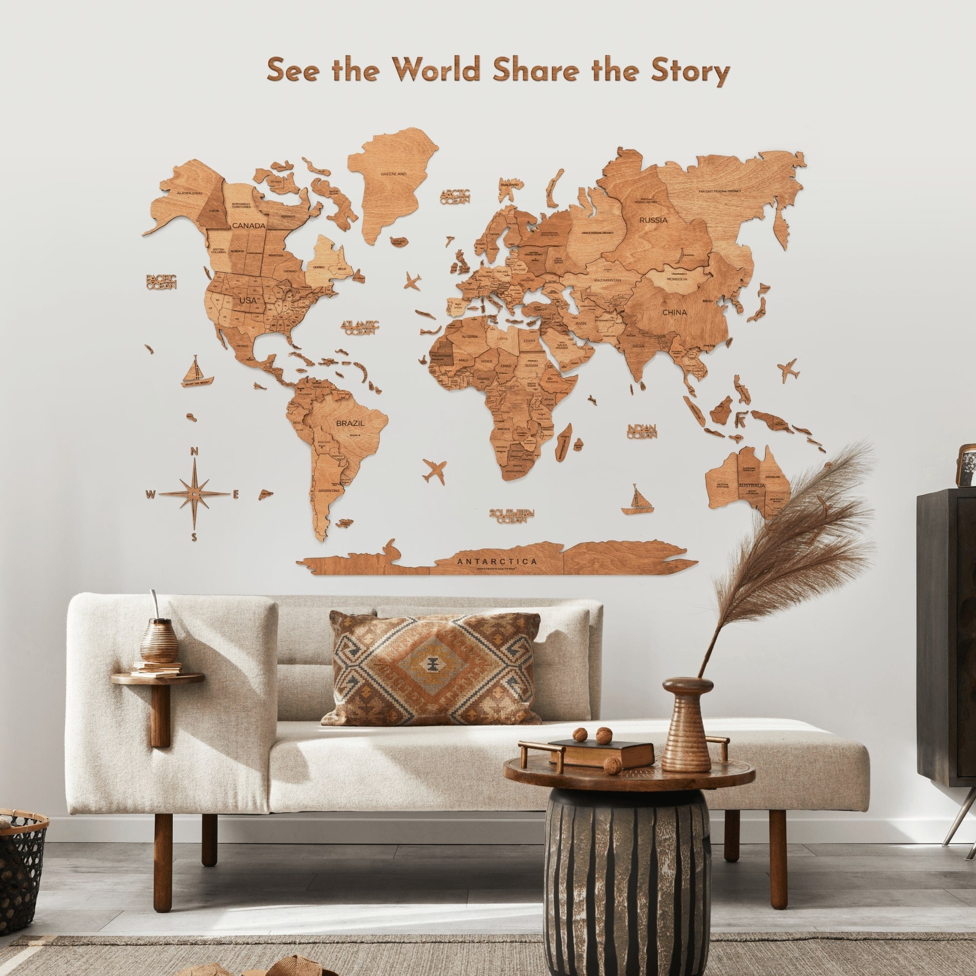 Oak wooden map quote sign with engraved map design and inspirational quote, handcrafted by Enjoy The Wood.