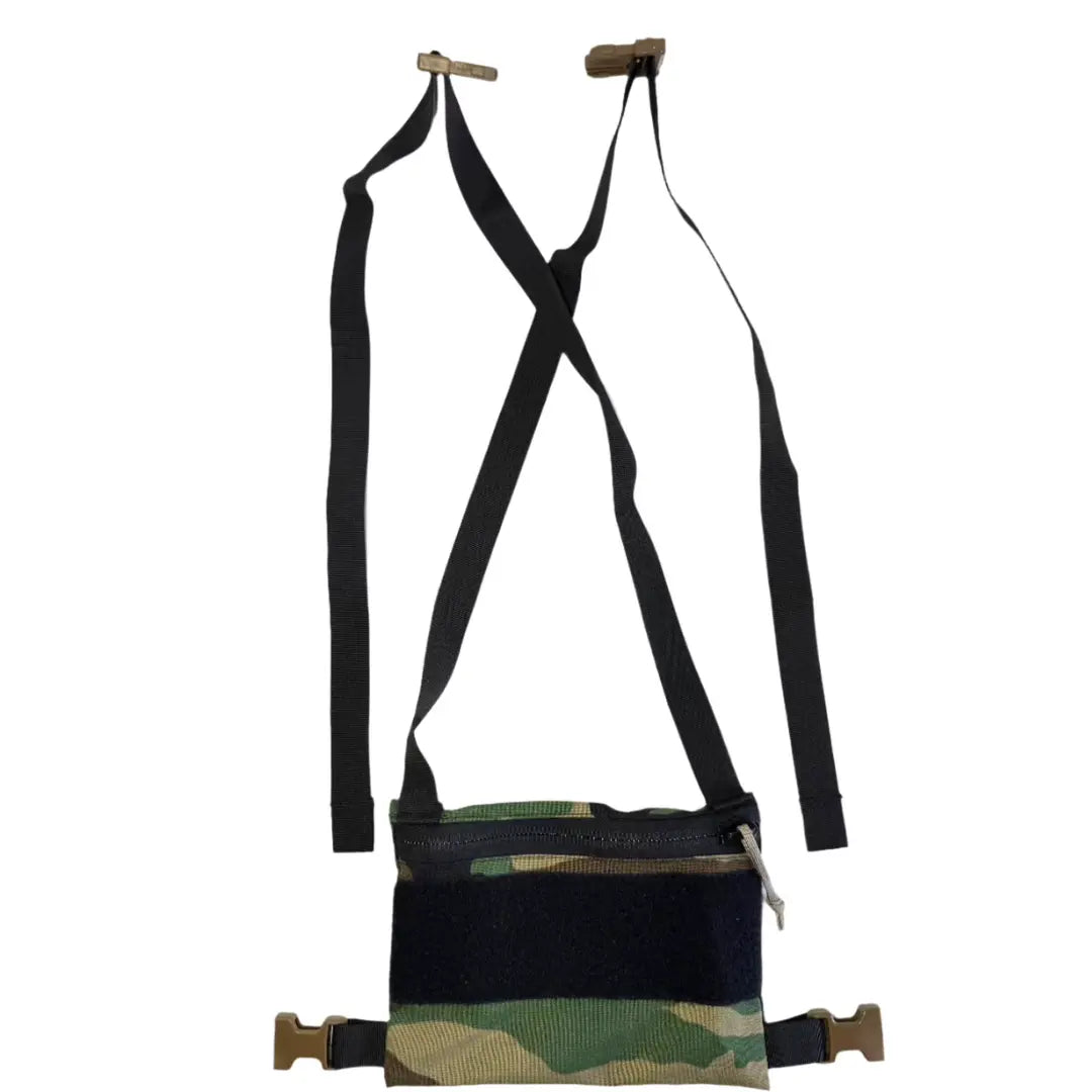 Woodland Minimalist Chest Rig by Recycled Firefighter, featuring durable fabric and multiple adjustable straps.