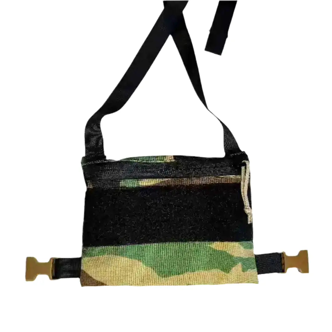 Woodland Minimalist Chest Rig by Recycled Firefighter, showcasing durable fabric and adjustable straps in woodland camouflage.