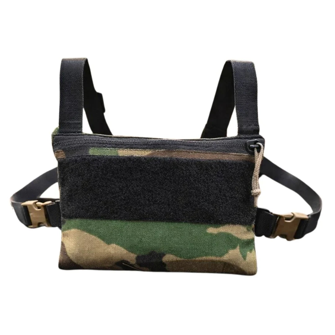Woodland Minimalist Chest Rig by Recycled Firefighter, showcasing a front view with adjustable straps and multiple pockets.