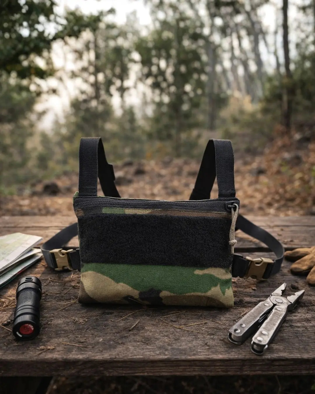 Woodland Minimalist Chest Rig by Recycled Firefighter, featuring a durable design with multiple pockets and adjustable straps.
