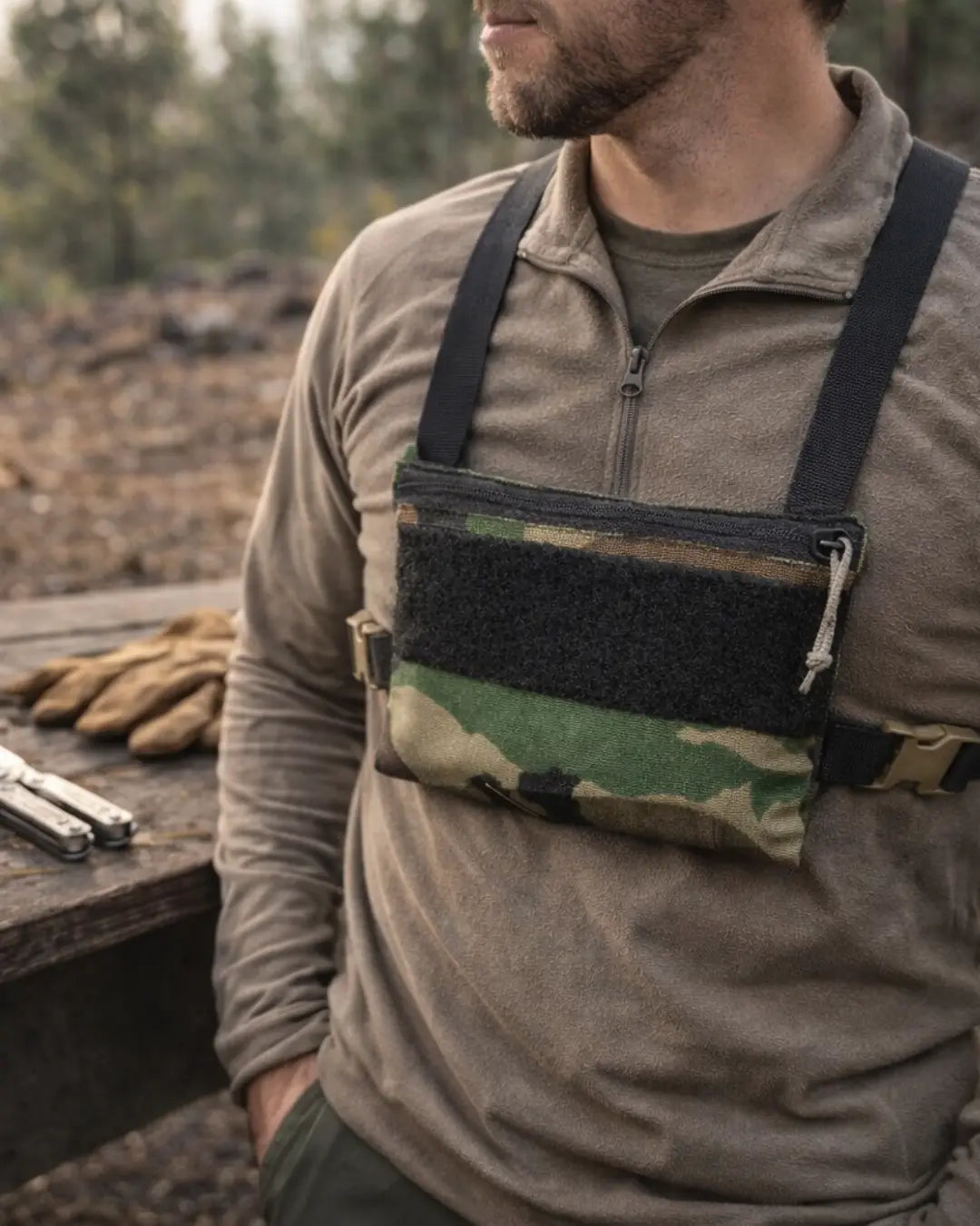 Woodland Minimalist Chest Rig by Recycled Firefighter, featuring adjustable straps and multiple pockets for gear storage.
