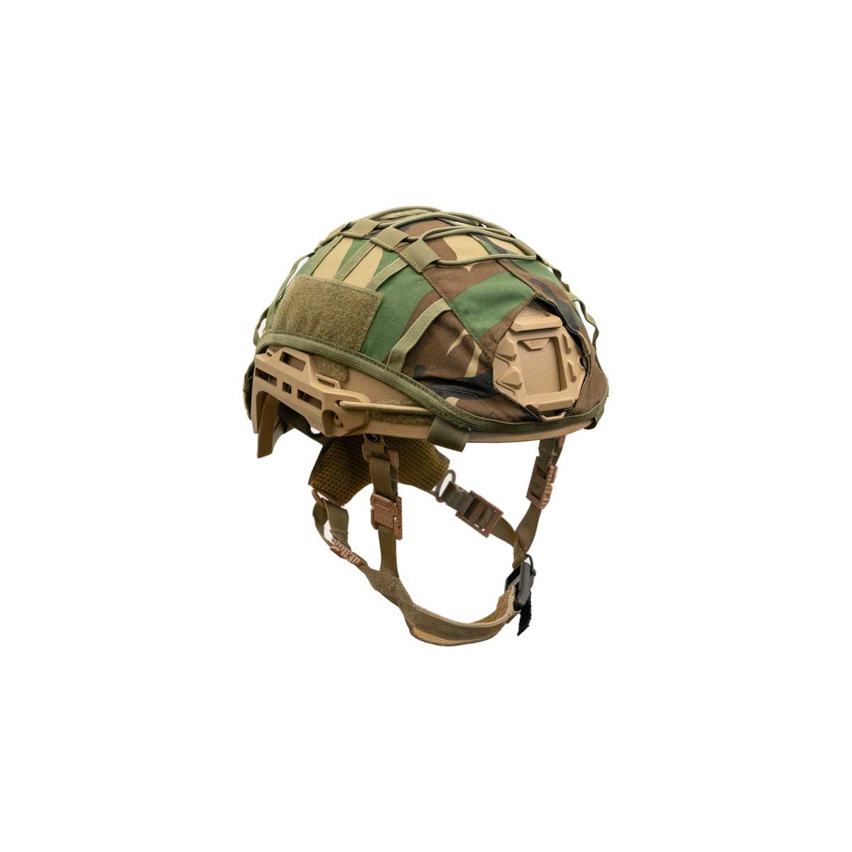Hard Head Veterans HHV ATE® ballistic helmet cover in woodland camouflage pattern on a military helmet.