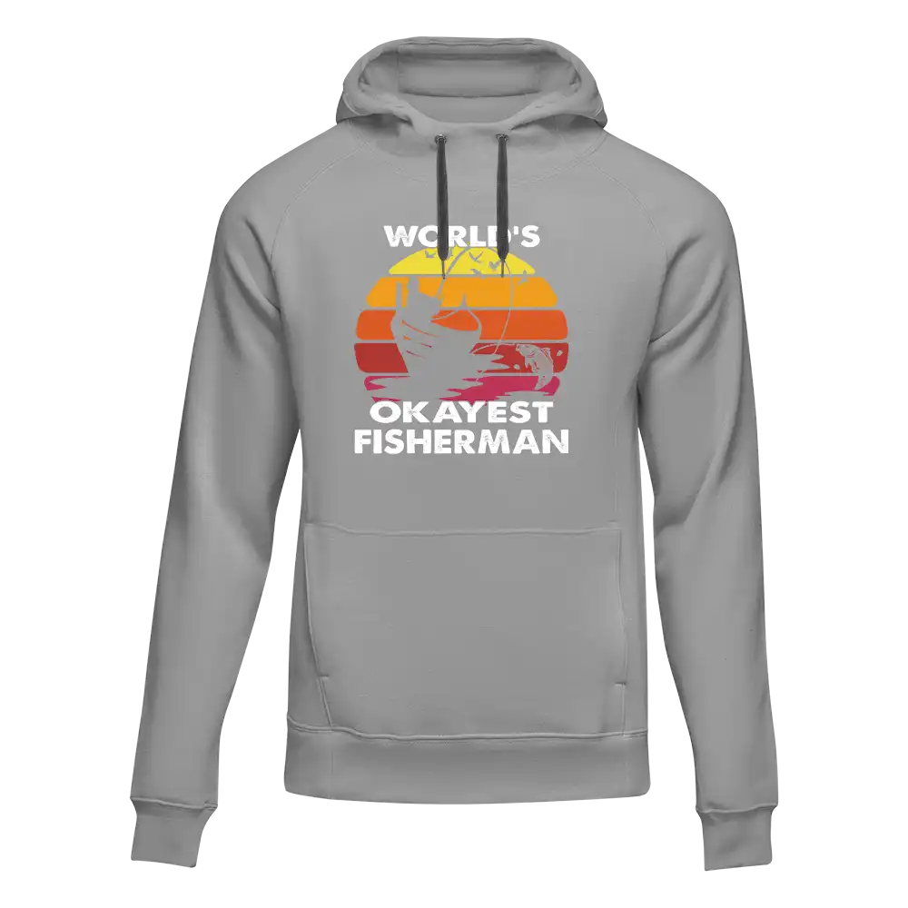 Gray unisex hoodie by Outdoorzees featuring the "World's Okayest Fisherman" design, casual fit perfect for fishing enthusiasts.