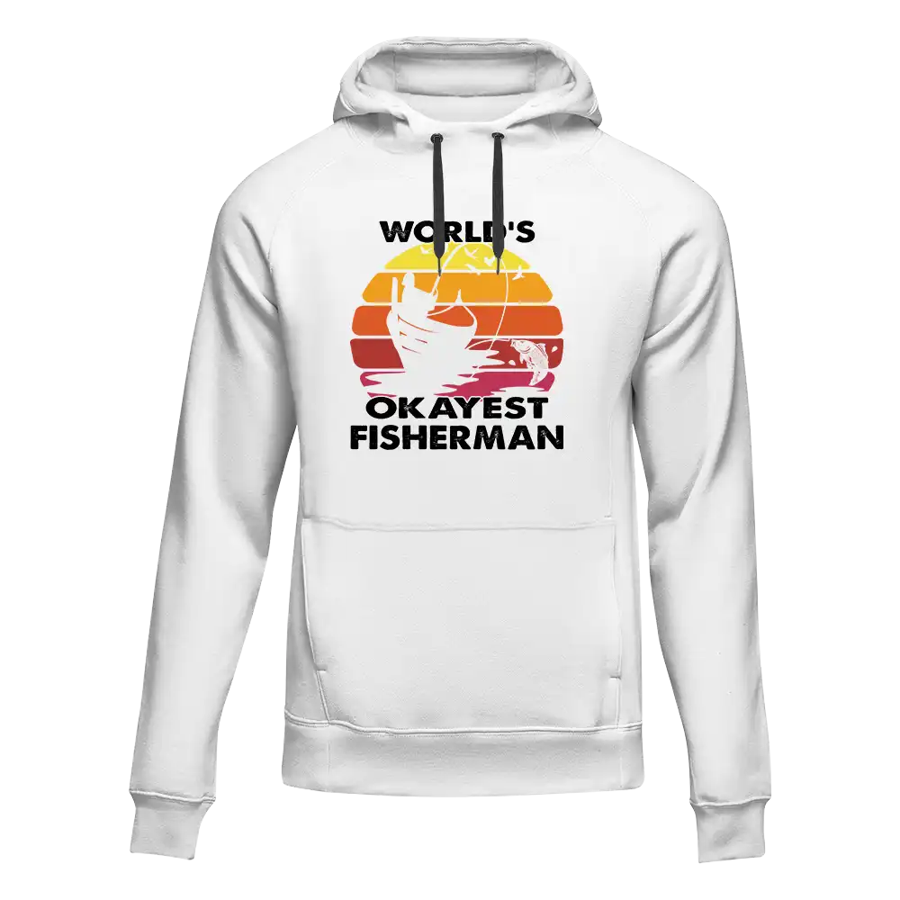 White unisex hoodie by Outdoorzees with "World's Okayest Fisherman" print, featuring a casual fit and comfortable fabric.
