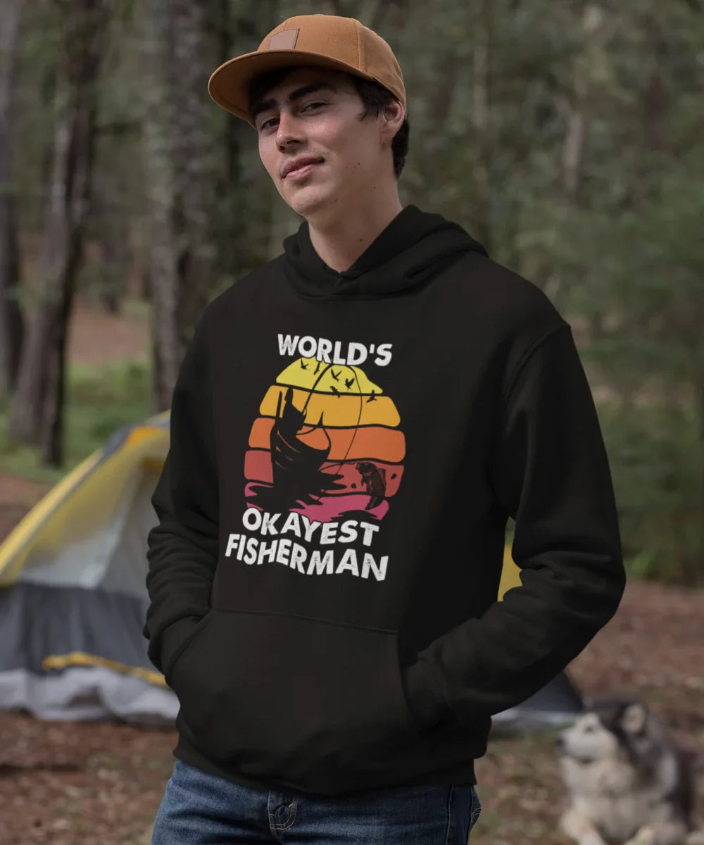 Black unisex hoodie from Outdoorzees featuring the "World's Okayest Fisherman" graphic on the front.