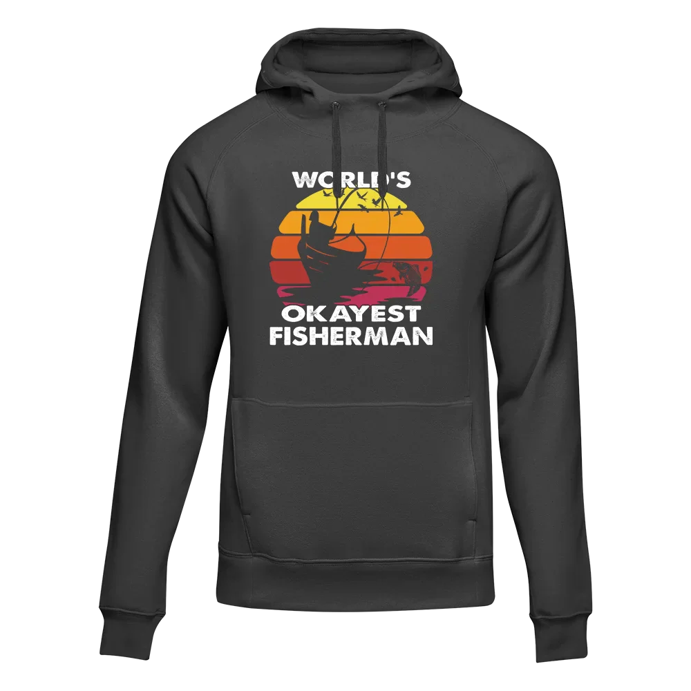 Black unisex hoodie by Outdoorzees featuring humorous "World's Okayest Fisherman" graphic on the front.