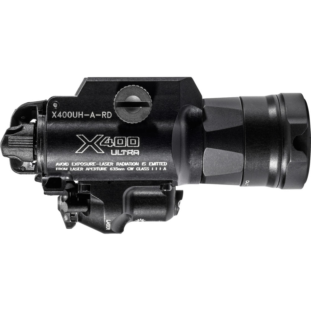 HCC Tactical X400UH MASTERFIRE illumination device with high lumen output, showcasing side profile and red light feature.