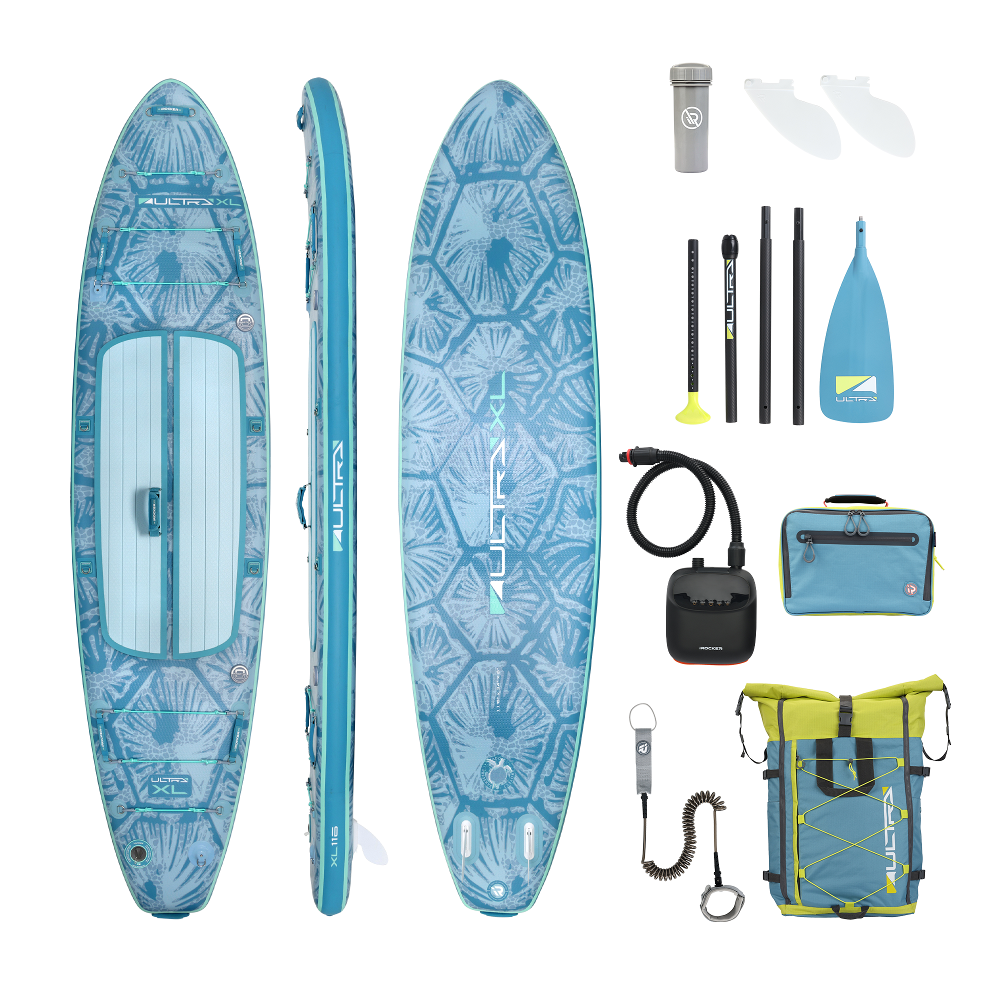 iROCKER US XL ULTRA™ 3.0 paddle board on water with a clear blue sky, showcasing its size and sleek design.