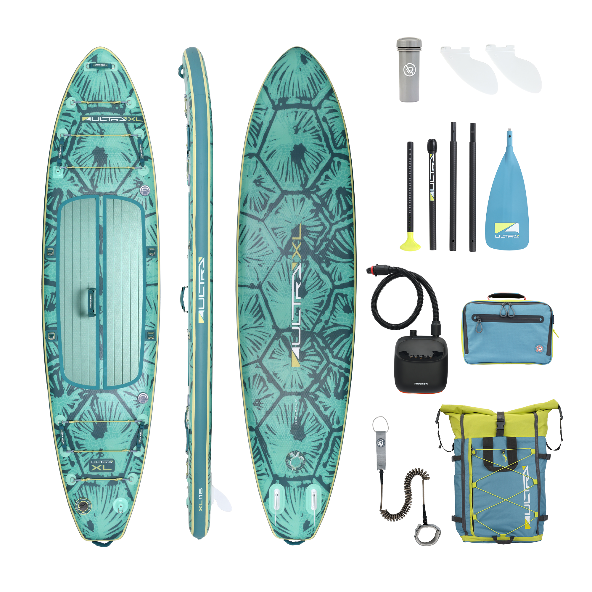 iROCKER US XL ULTRA™ 3.0 paddle board on water, showcasing the durable reef design and spacious deck for stand-up paddling.