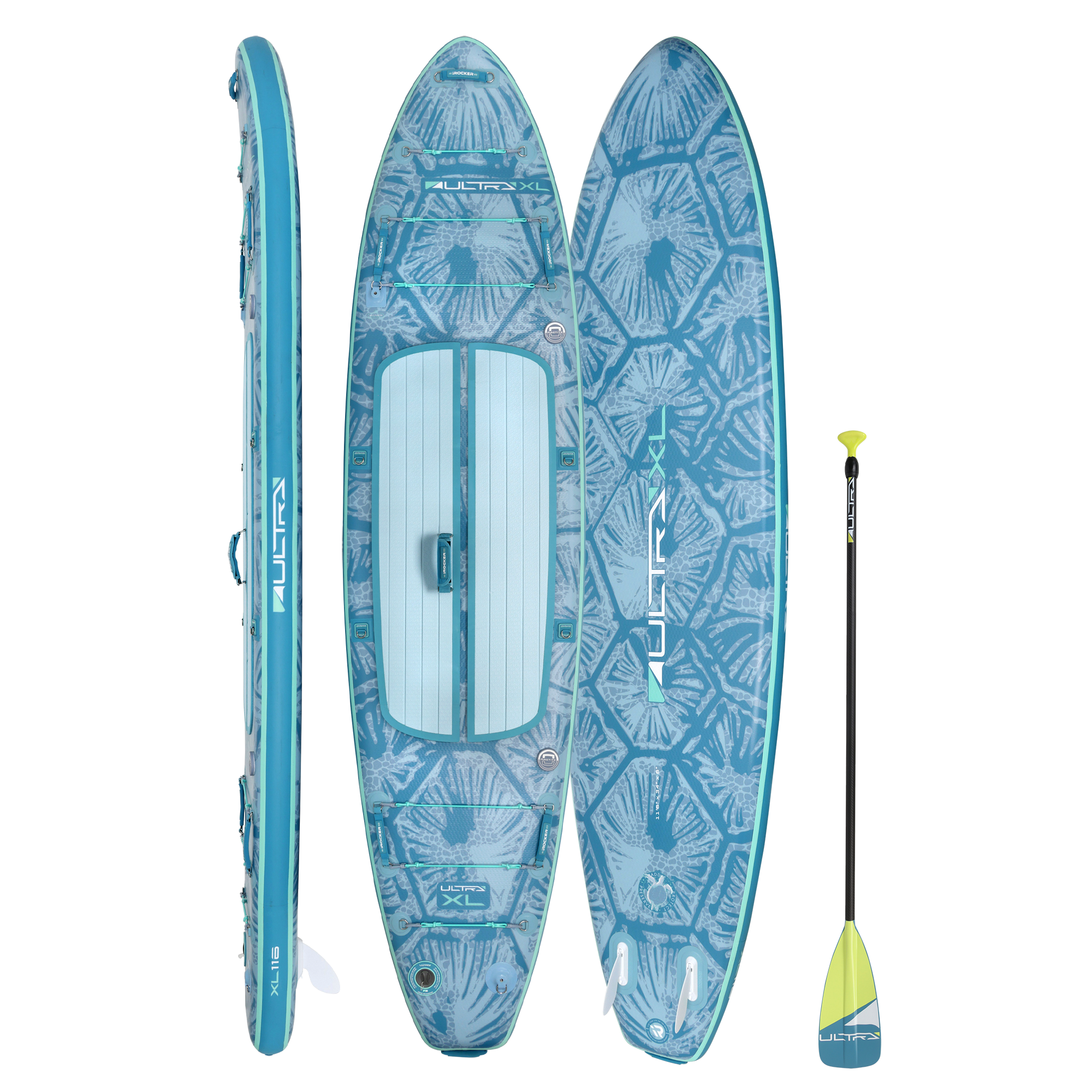 iROCKER US XL ULTRA™ 3.0 paddle board on water with blue sky, showing its large size and sleek design for stand-up paddleboarding.