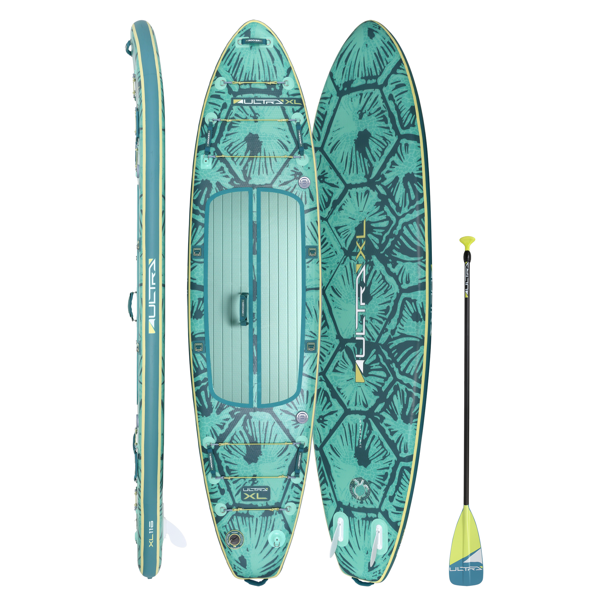 iROCKER US XL ULTRA™ 3.0 paddle board on reef water, showcasing its large size and durable design for water adventures