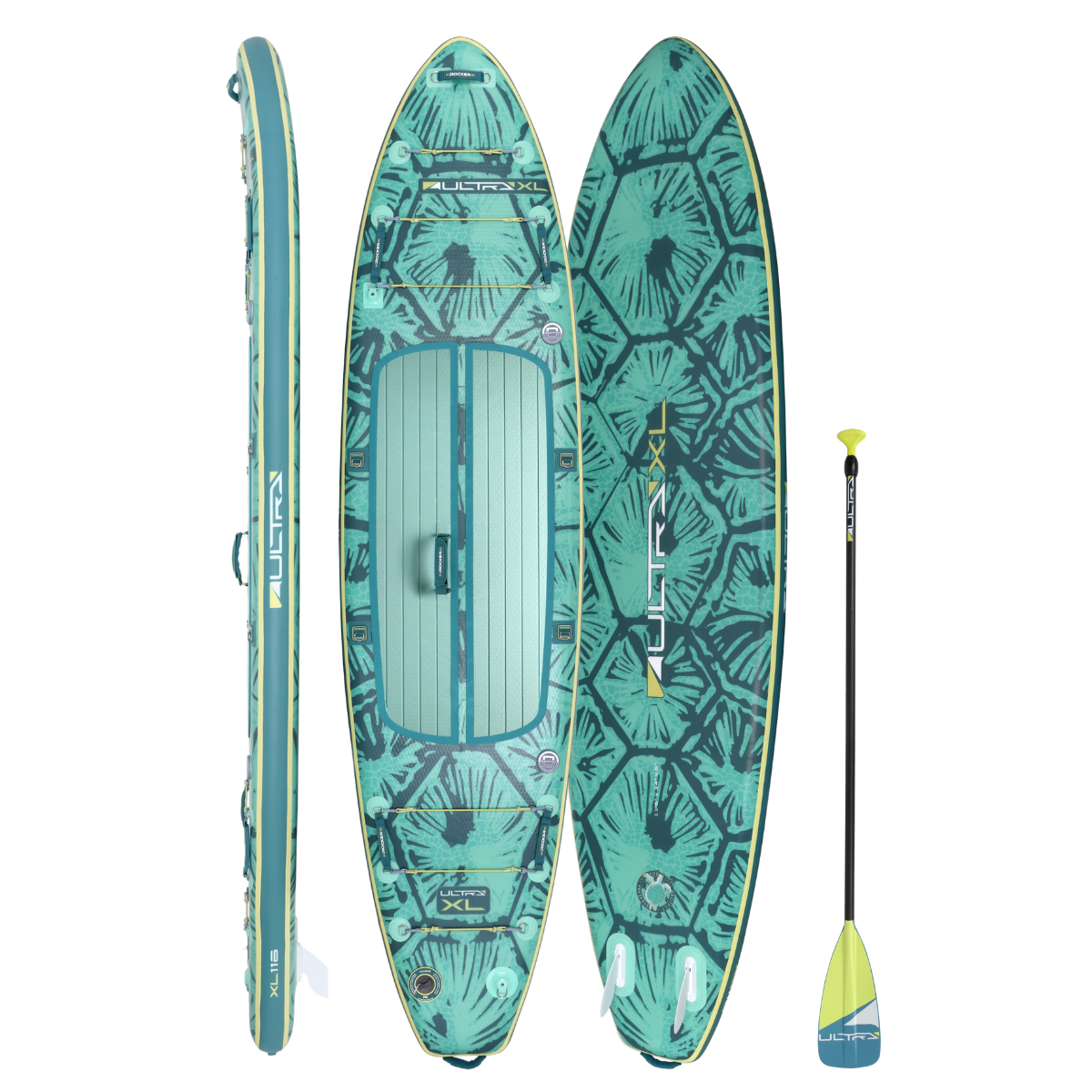 iROCKER US XL ULTRA™ 3.0 paddle board on water, showcasing its large size and sleek design for stand-up paddleboarding.