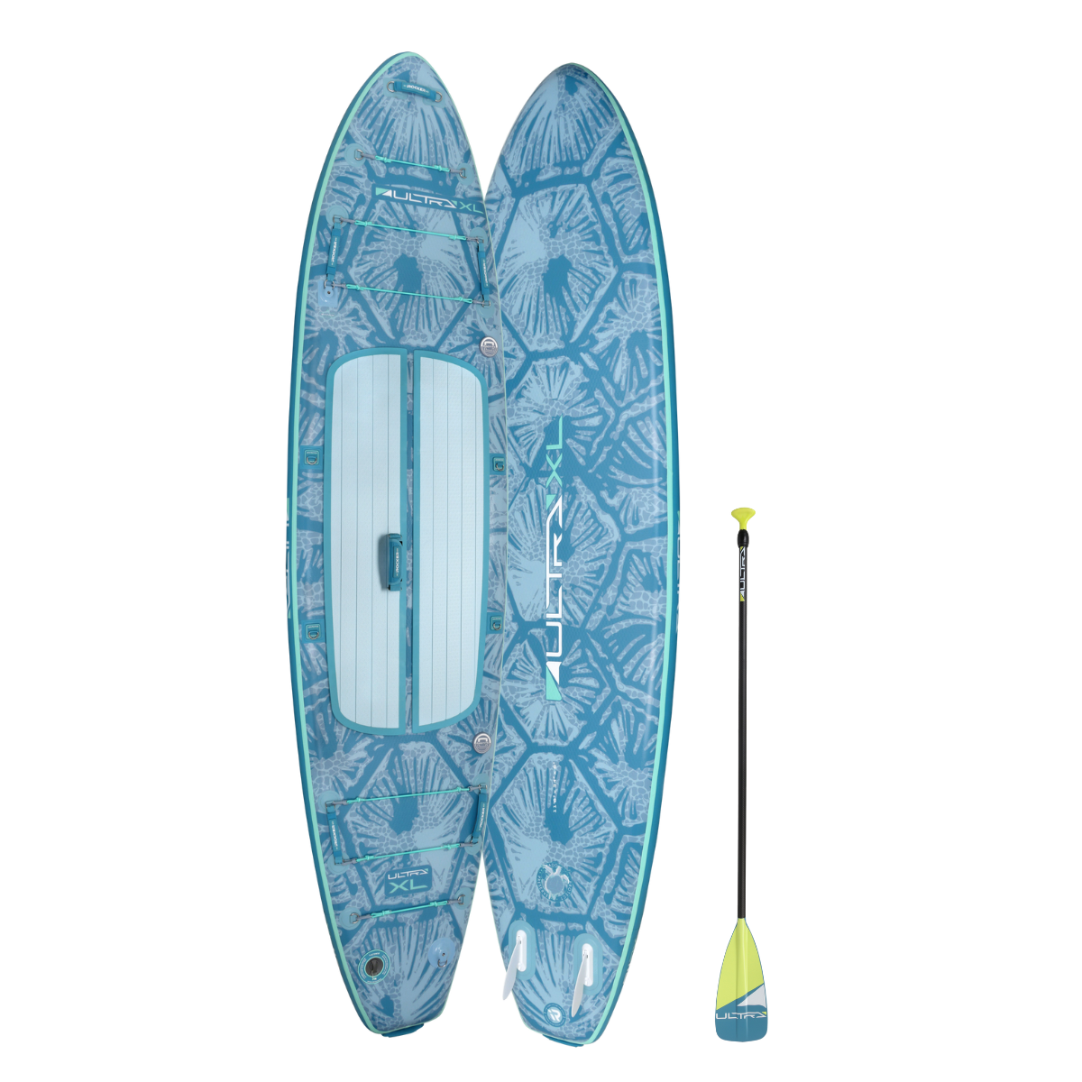 iROCKER US XL ULTRA™ 3.0 paddle board on water, showcasing its large size, durable design, and vibrant color.