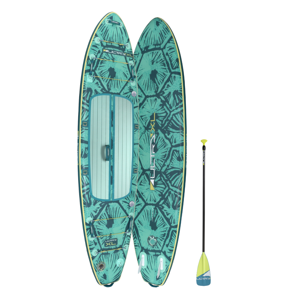 iROCKER US XL ULTRA™ 3.0 paddle board on water, showcasing its large size and sturdy design for stand-up paddleboarding.