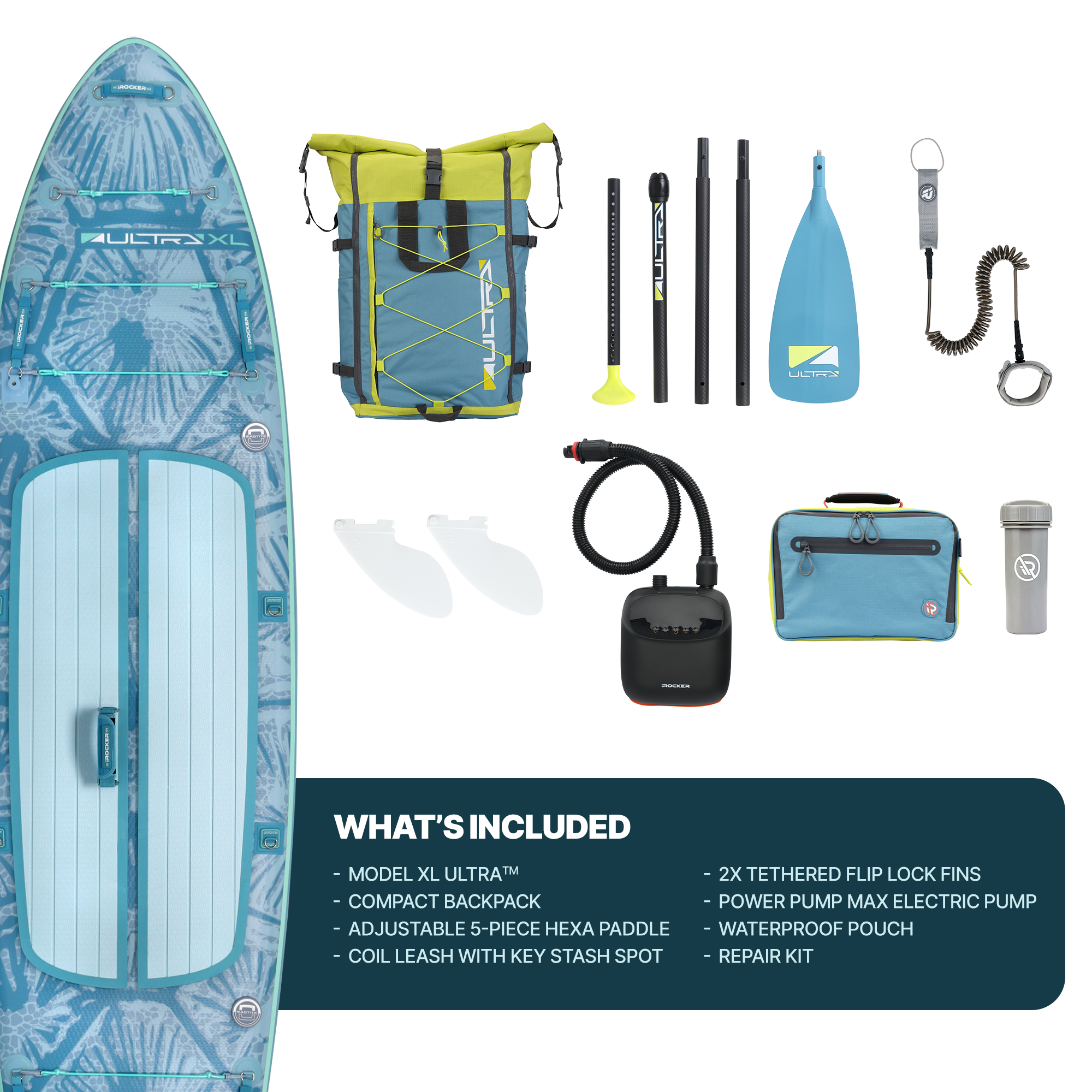 iROCKER US XL ULTRA™ 3.0 paddle board in Breeze color, large inflatable stand-up paddle board with sleek design and durable construction.