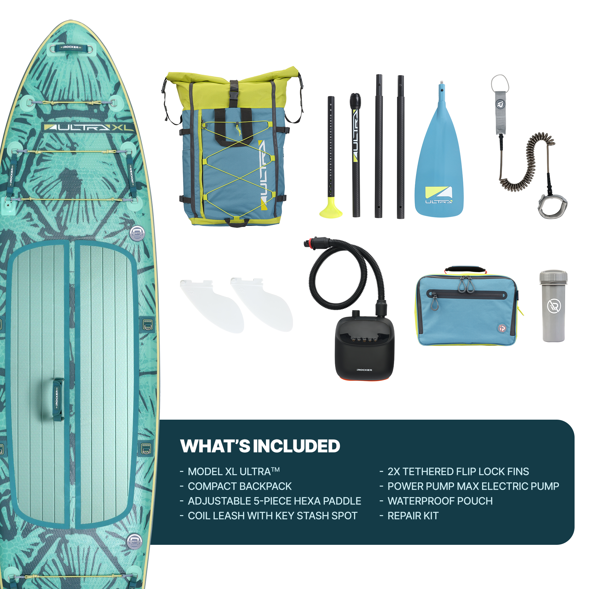 iROCKER US XL ULTRA™ 3.0 paddle board on water with reef background, showcasing its large size and durable design.