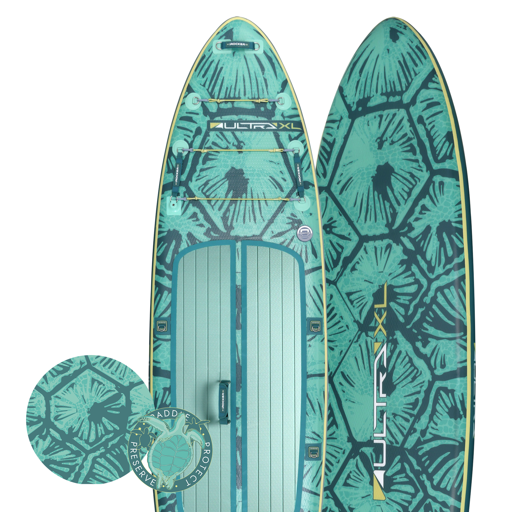 iROCKER US XL ULTRA™ 3.0 paddle board on reef water, showing its wide, stable design and vibrant color for all water adventures.