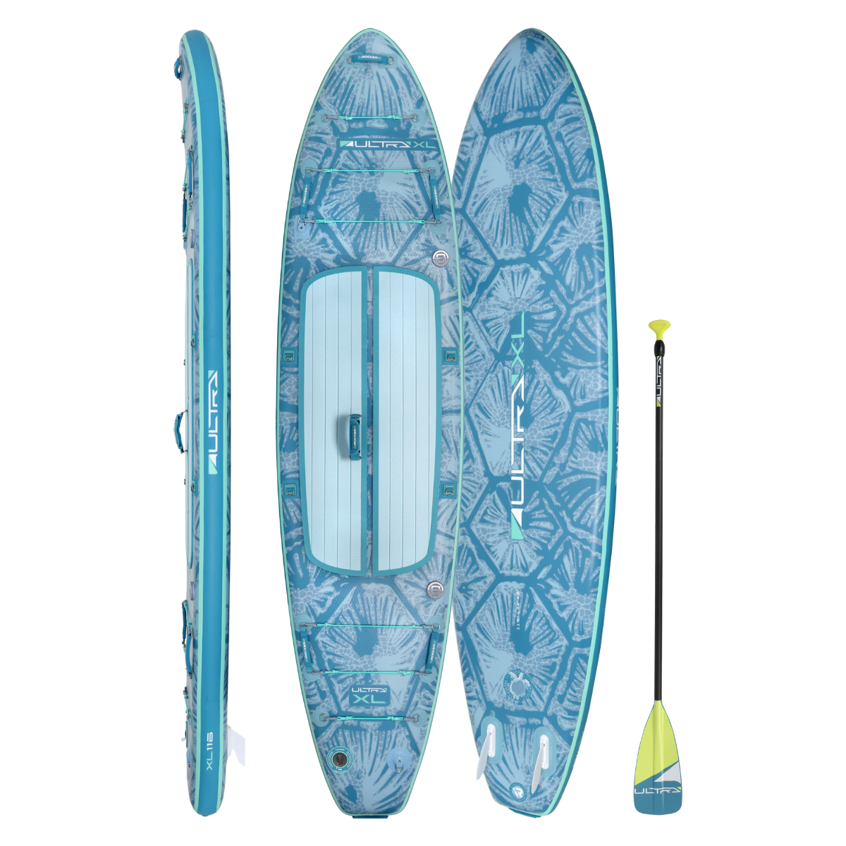 iROCKER US XL ULTRA™ 3.0 paddle board on water, showing its large size and durable design for all-around water activities.