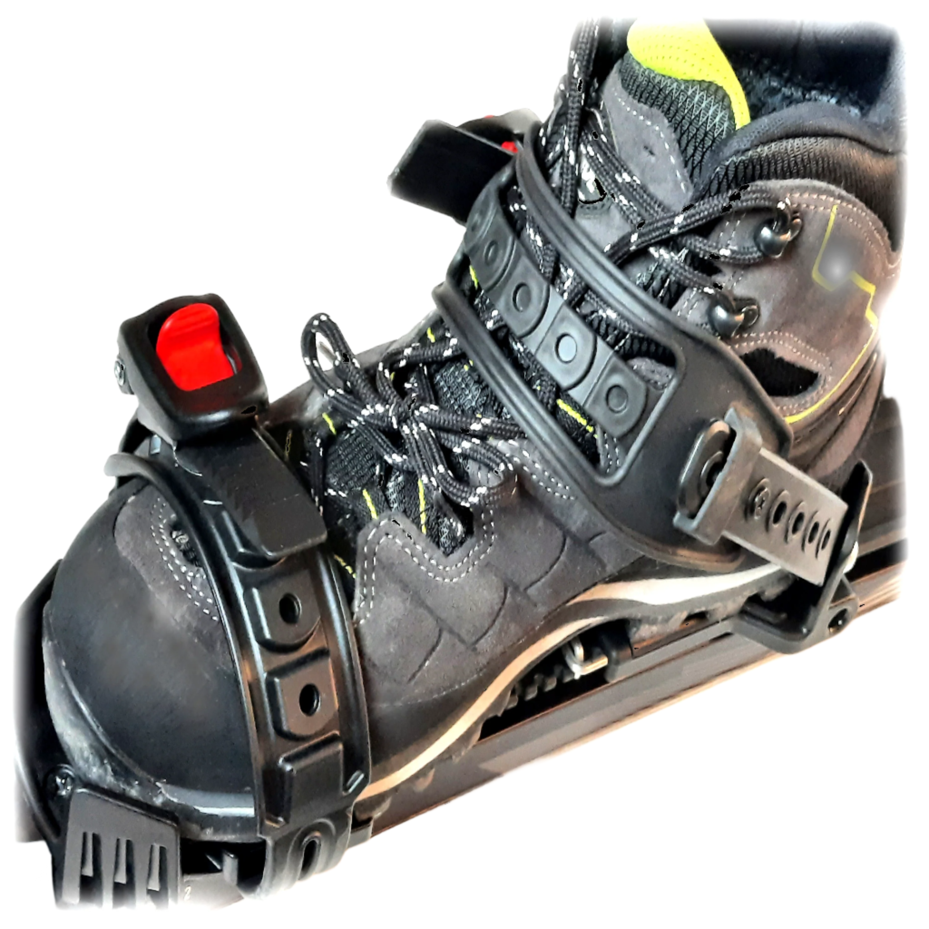 HAGAN Ski Mountaineering X-Trace Pivot 2.0 bindings showing the adjustable heel piece and ski attachment components.