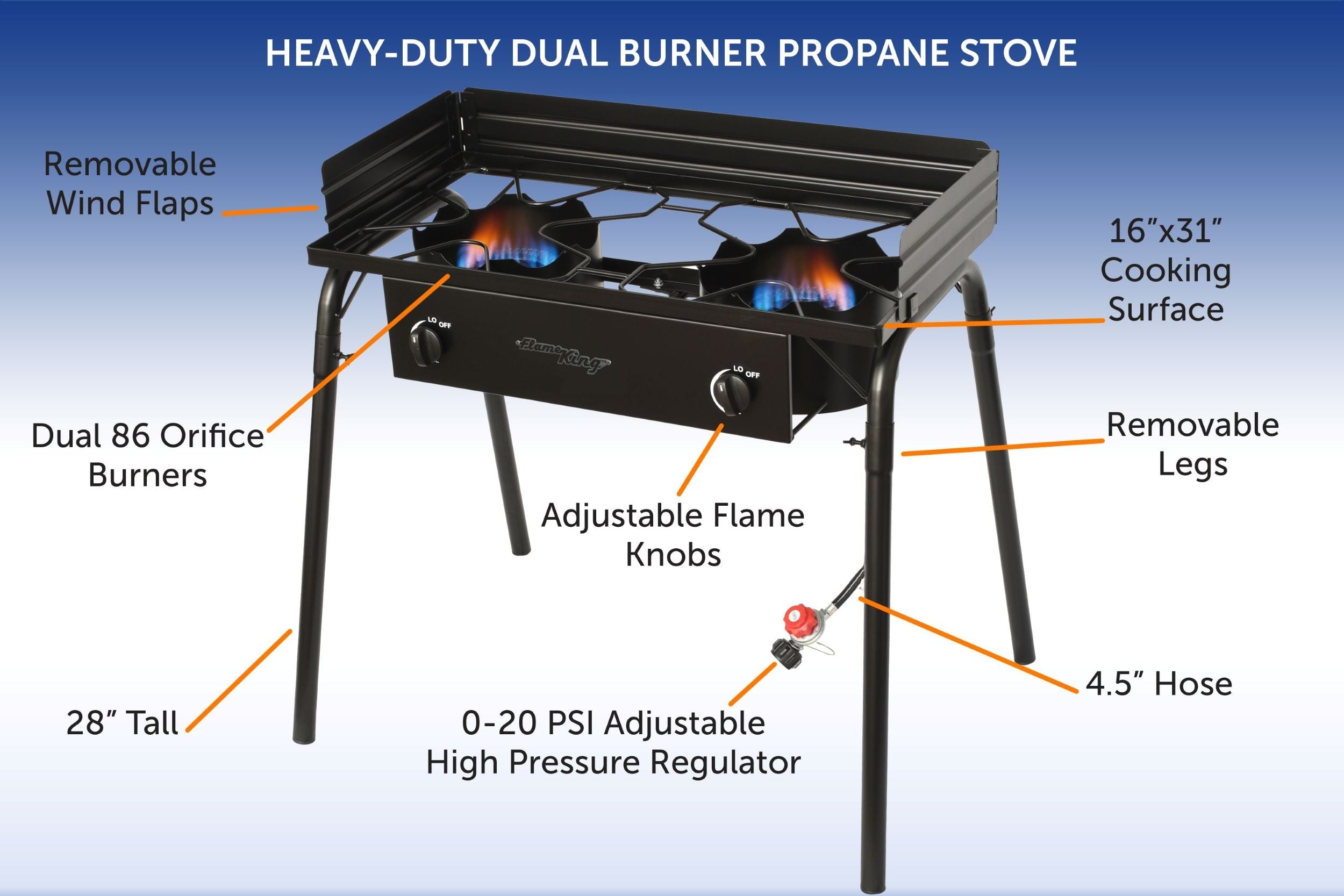 Flame King outdoor propane double burner camping stove with two burners and sturdy metal construction.
