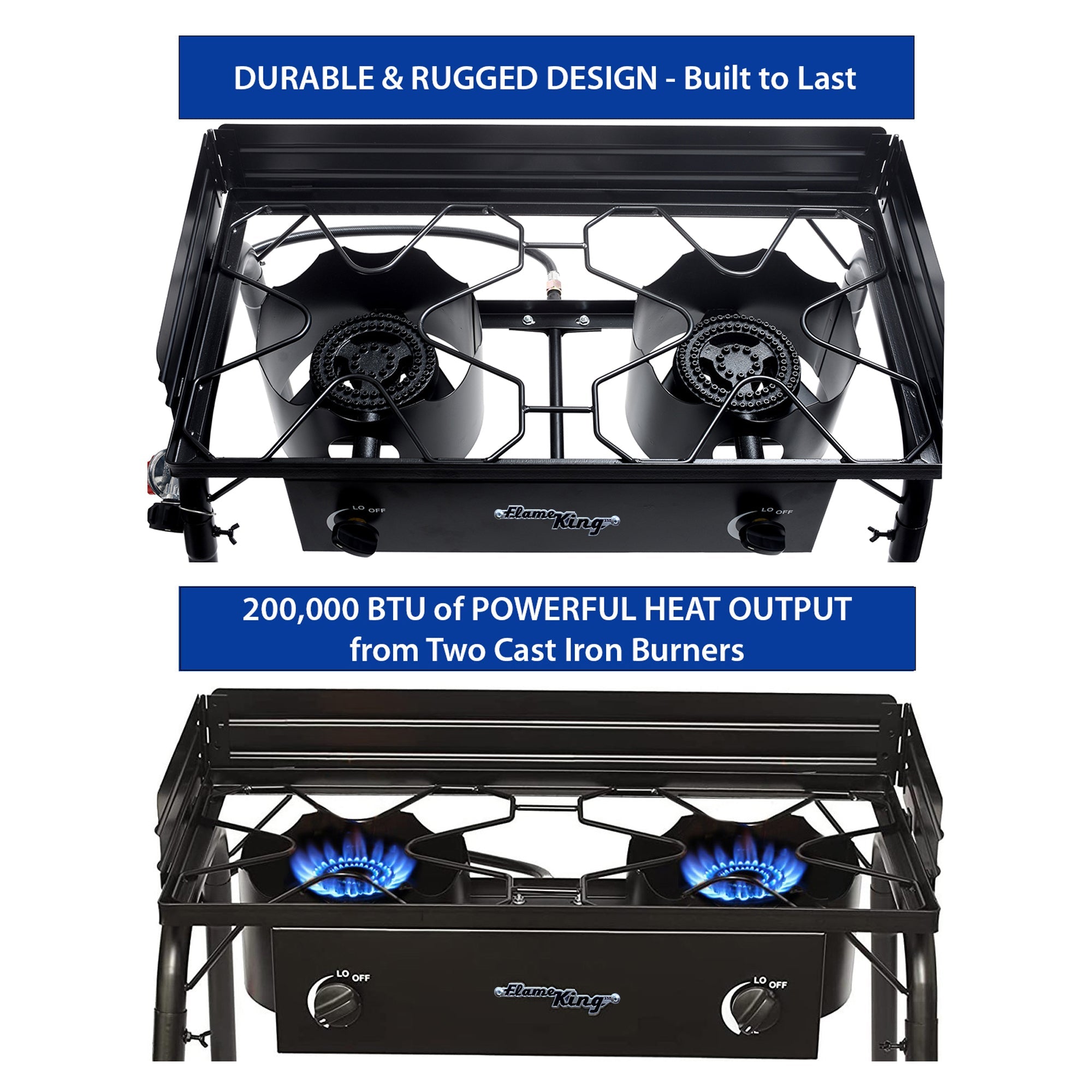 Flame King outdoor propane double burner camping stove with two large burners and sturdy metal construction.