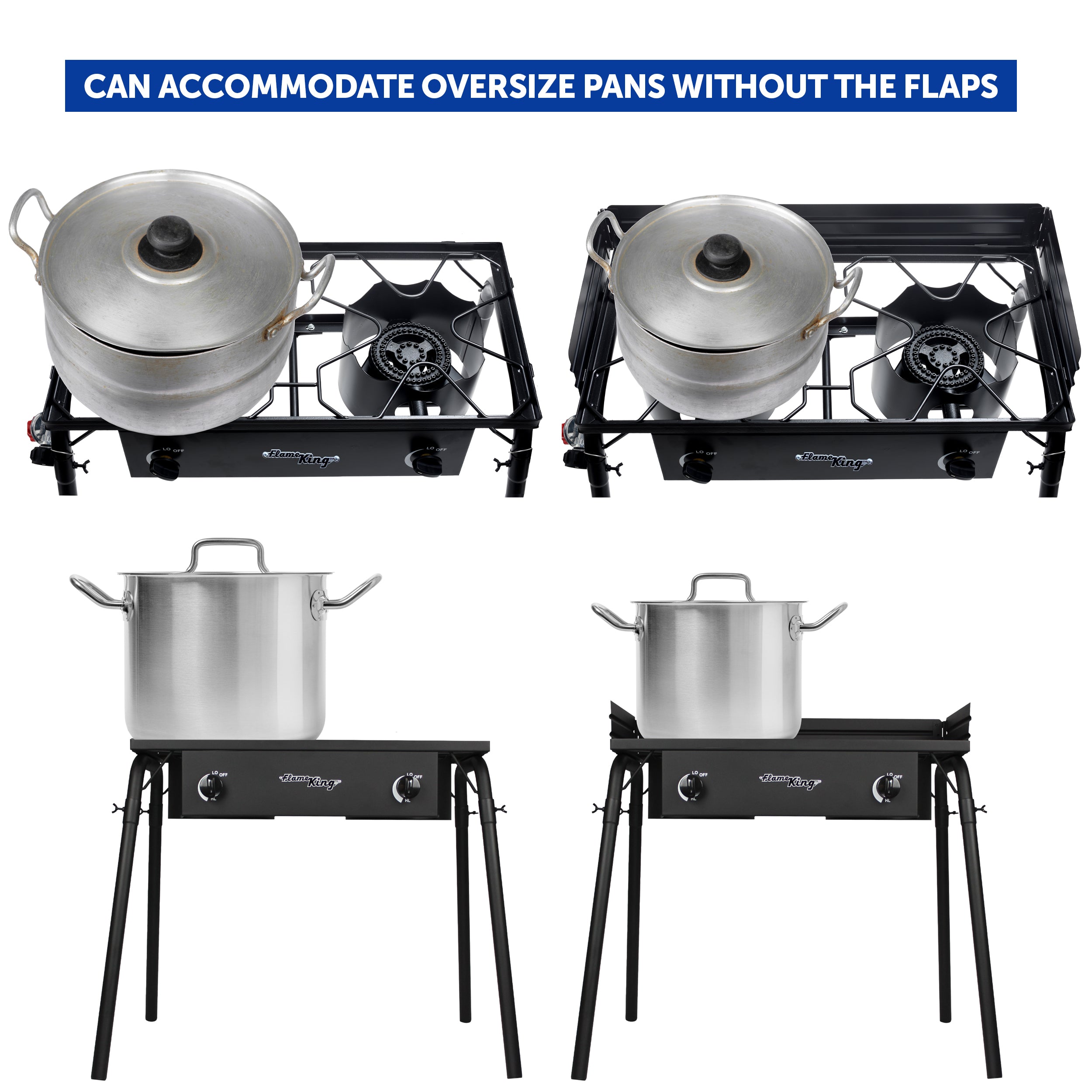 Flame King outdoor propane double burner camping stove with two large burners and sturdy metal frame in a natural outdoor setting.
