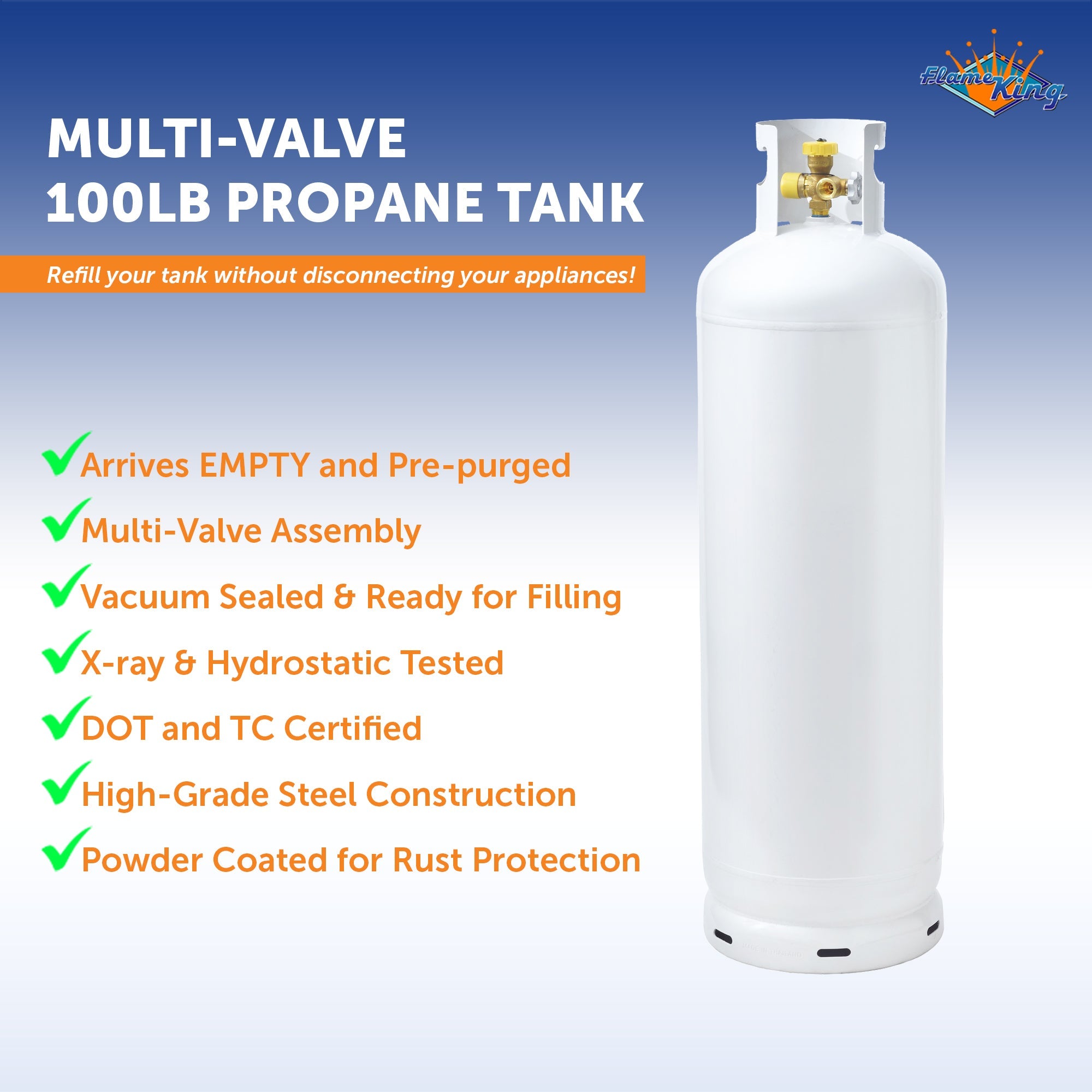 Flame King 100LB Multi-Valve Propane Tank High Capacity Filler
