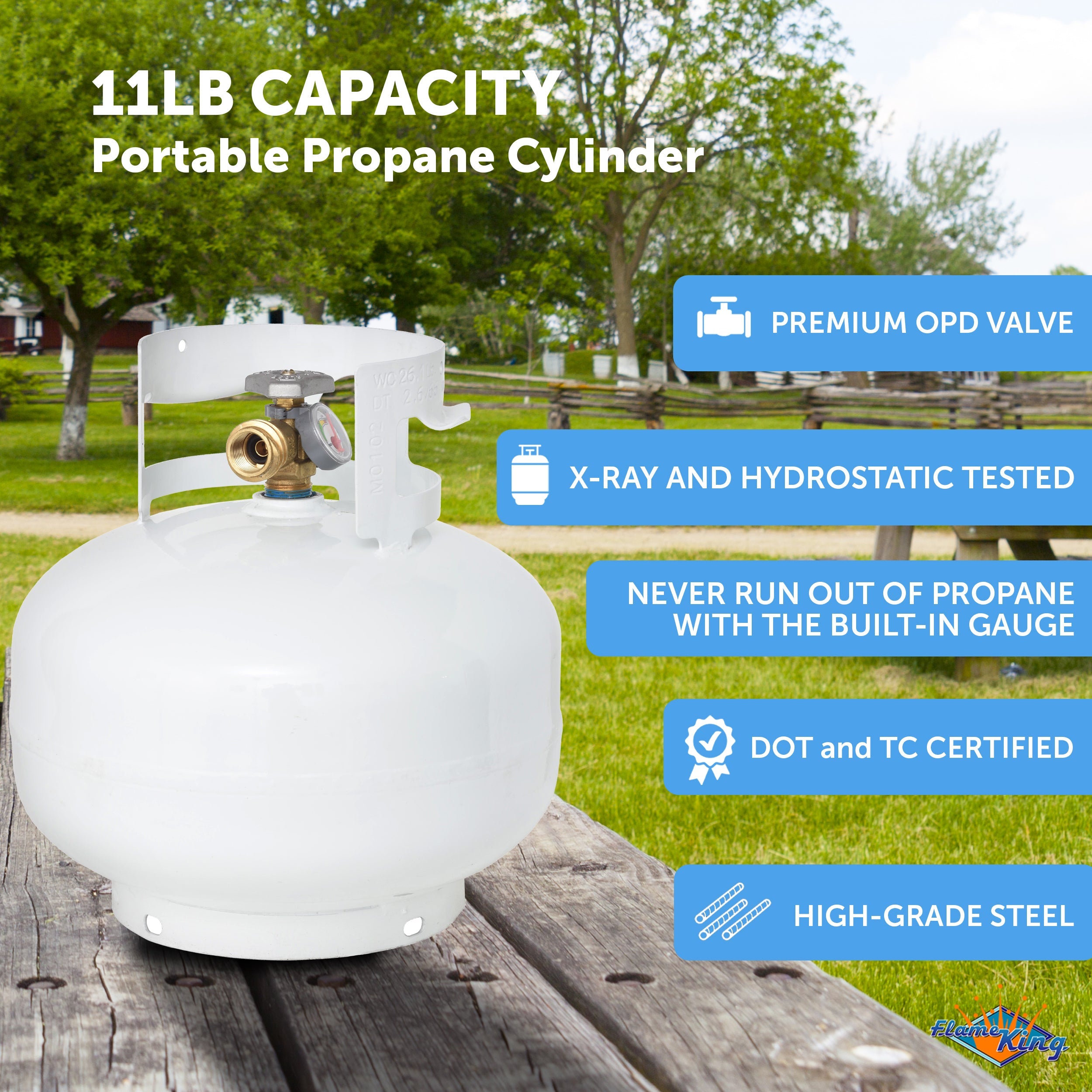 Flame King 11lb Propane Tank Cylinder Squatty with Gauge and Type 1 OPD Valve - OVERLANDERS Outfitter