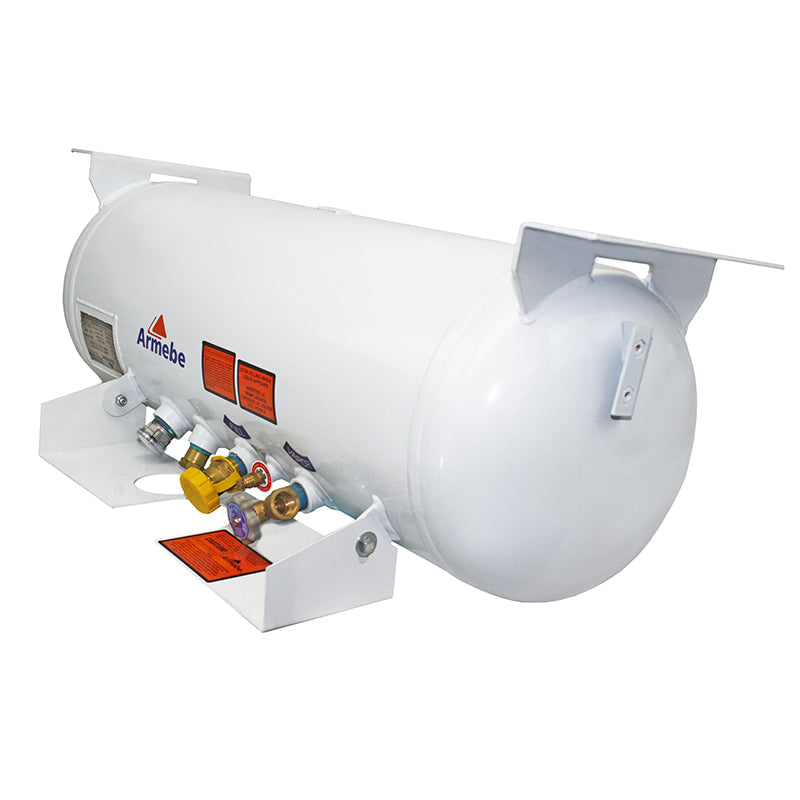 Flame King 16-gallon ASME propane cylinder tank for RV trailers, showing the metal propane tank with valve and safety features.
