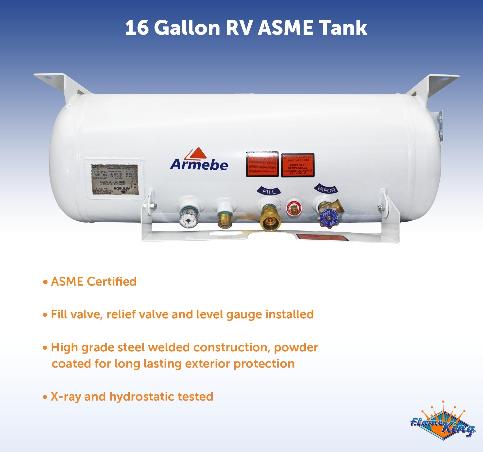 Flame King 16-gallon ASME RV trailer propane cylinder tank with valve and safety features, designed for outdoor use