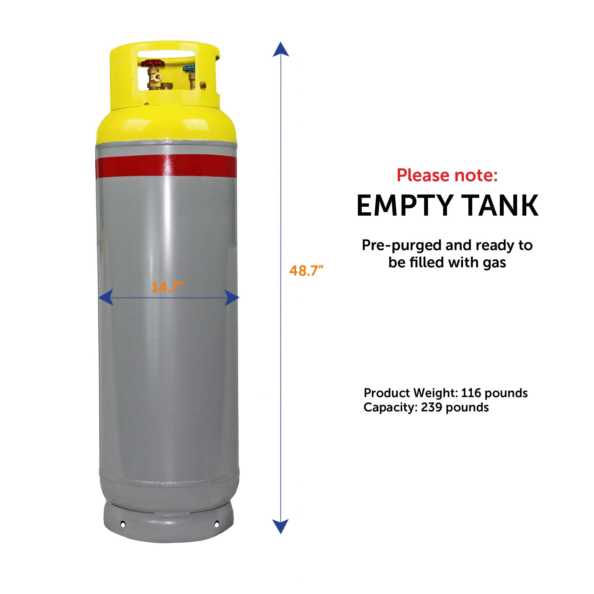 Flame King 239lb refrigerant tank recovery cylinder for A2L refrigerants, featuring 400 PSI capacity and sturdy metal construction.