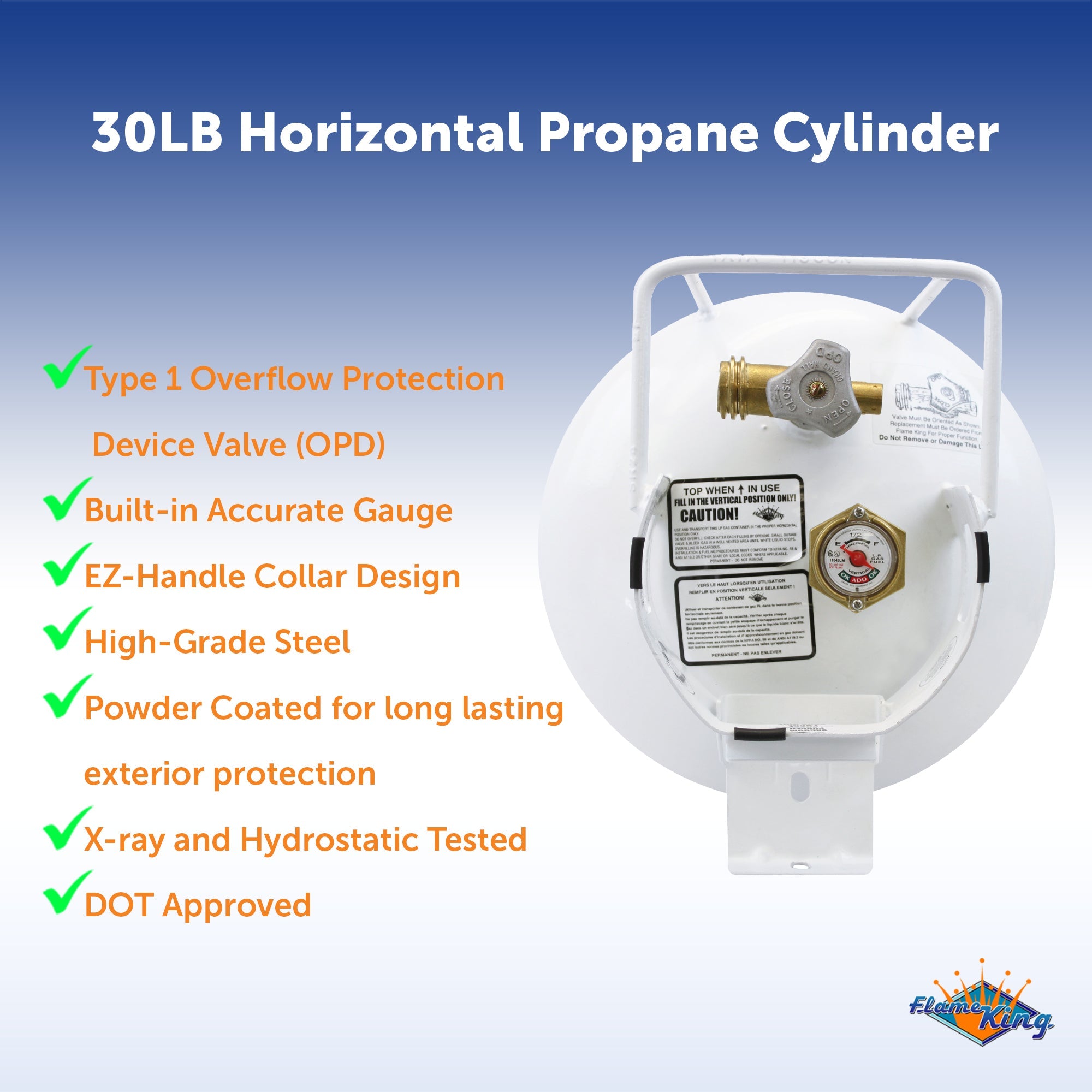 Flame King 30lb Horizontal Propane Cylinder Tank With Valve and Gauge RV Trailer - We The Collective