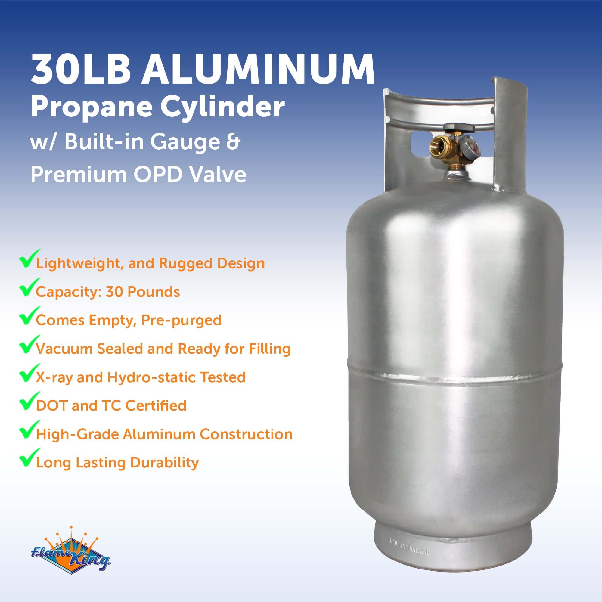 Flame King Lightweight 30lb Aluminum Propane Tank Cylinder Gauge and OPD Valve - We The Collective