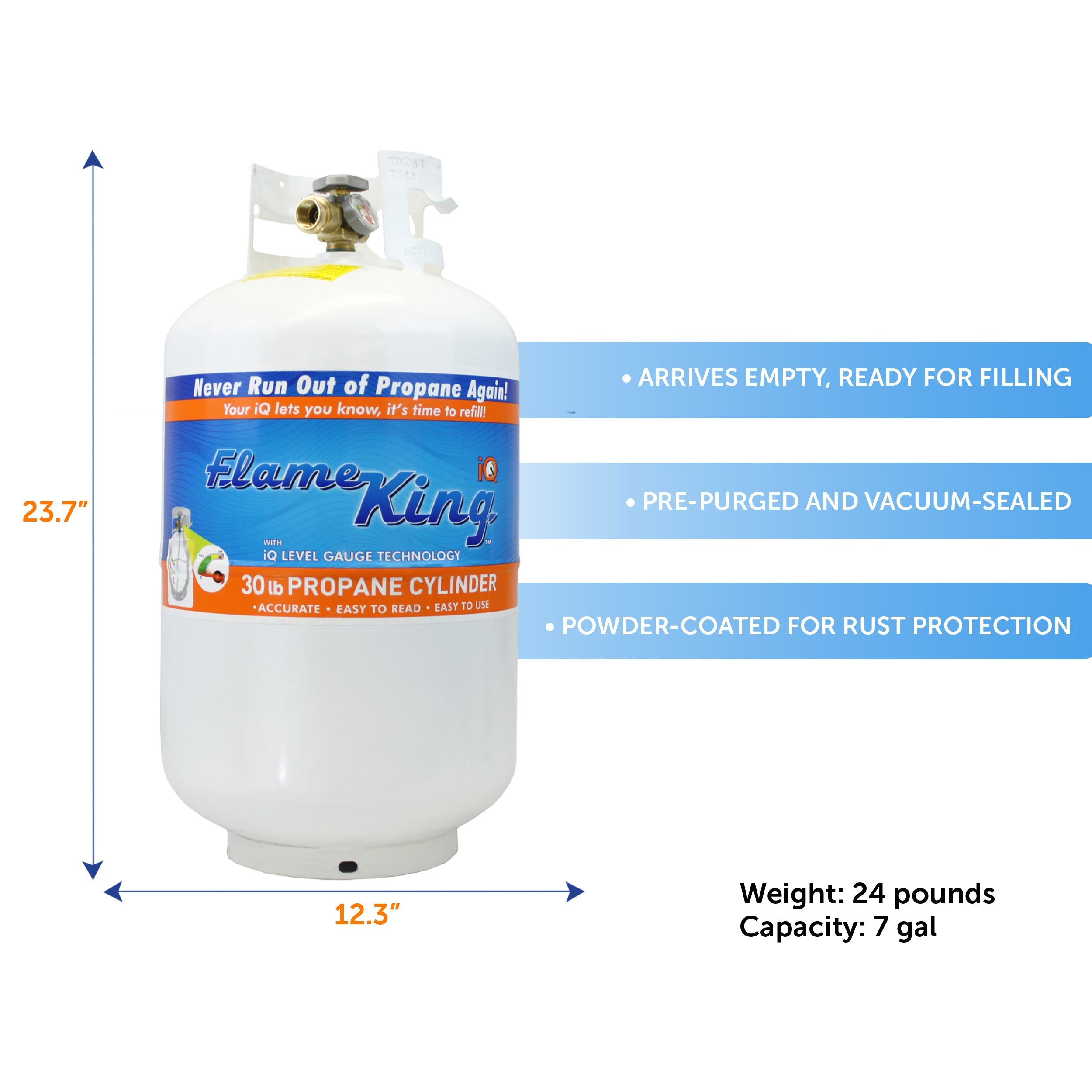 Flame King 30lb propane tank with OPD valve and pressure gauge, portable LP cylinder for outdoor and grilling use.