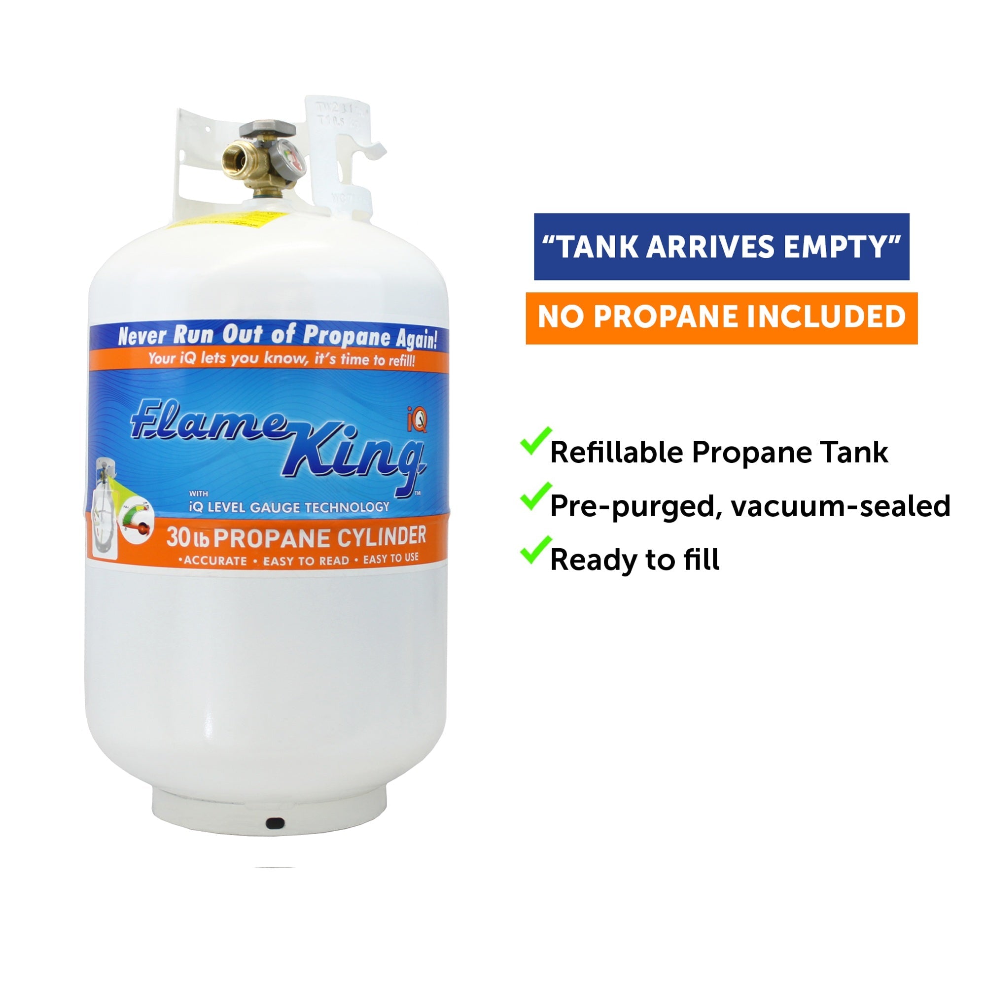 Flame King 30lb propane tank with gauge and OPD valve, used for outdoor grilling and camping.