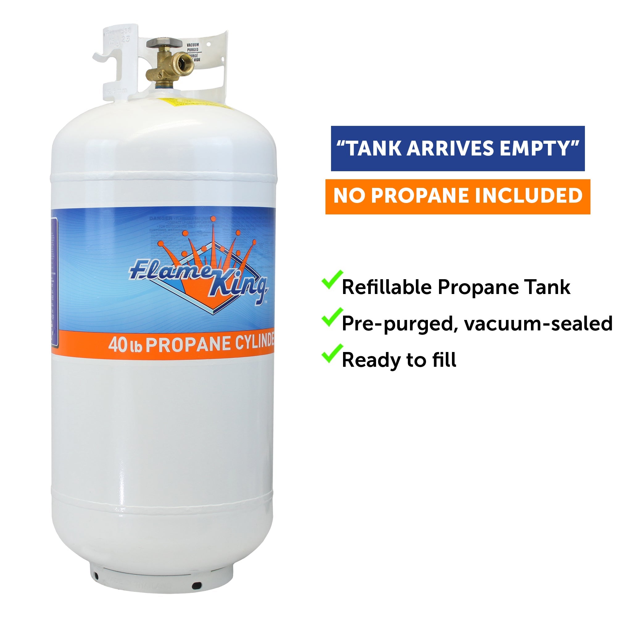 Flame King 40lb propane tank with OPD valve, cylindrical LP cylinder for outdoor grilling and heating applications.
