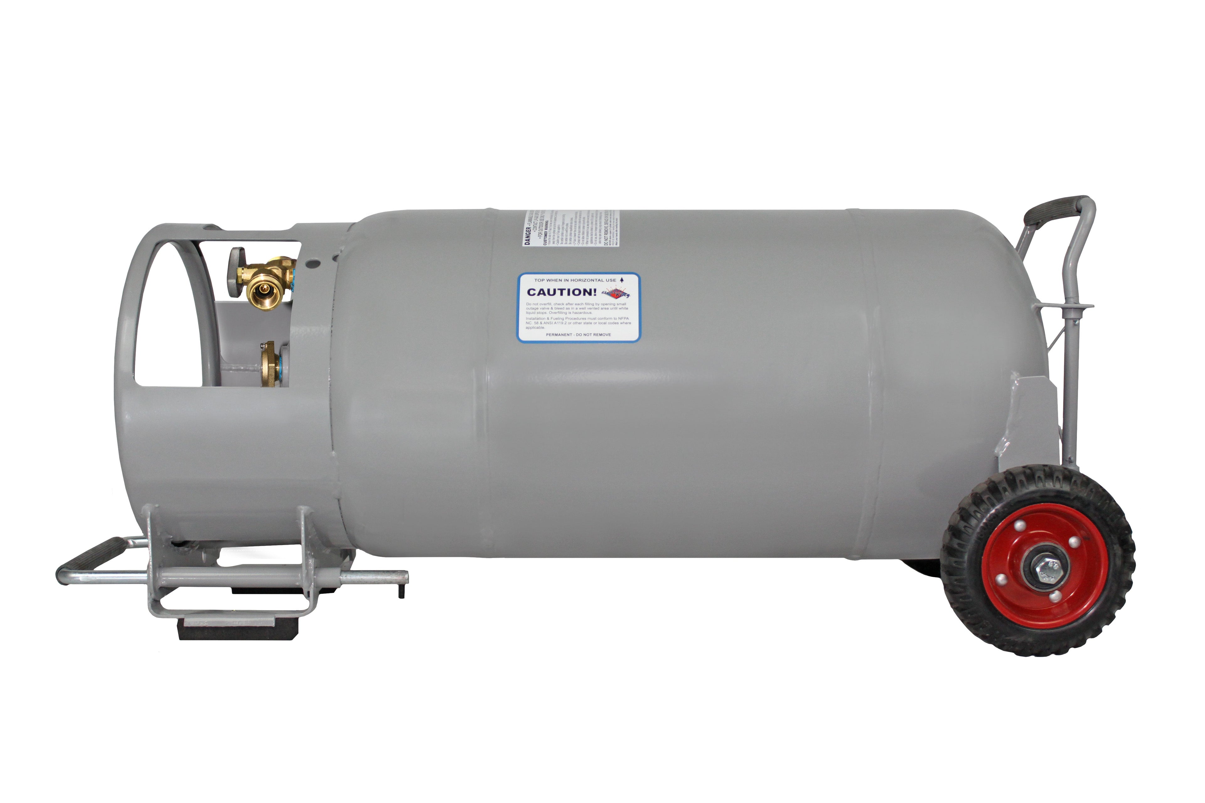 Flame King 40lb horizontal and vertical propane cylinder with OPD valve and wheels, used for safe propane storage