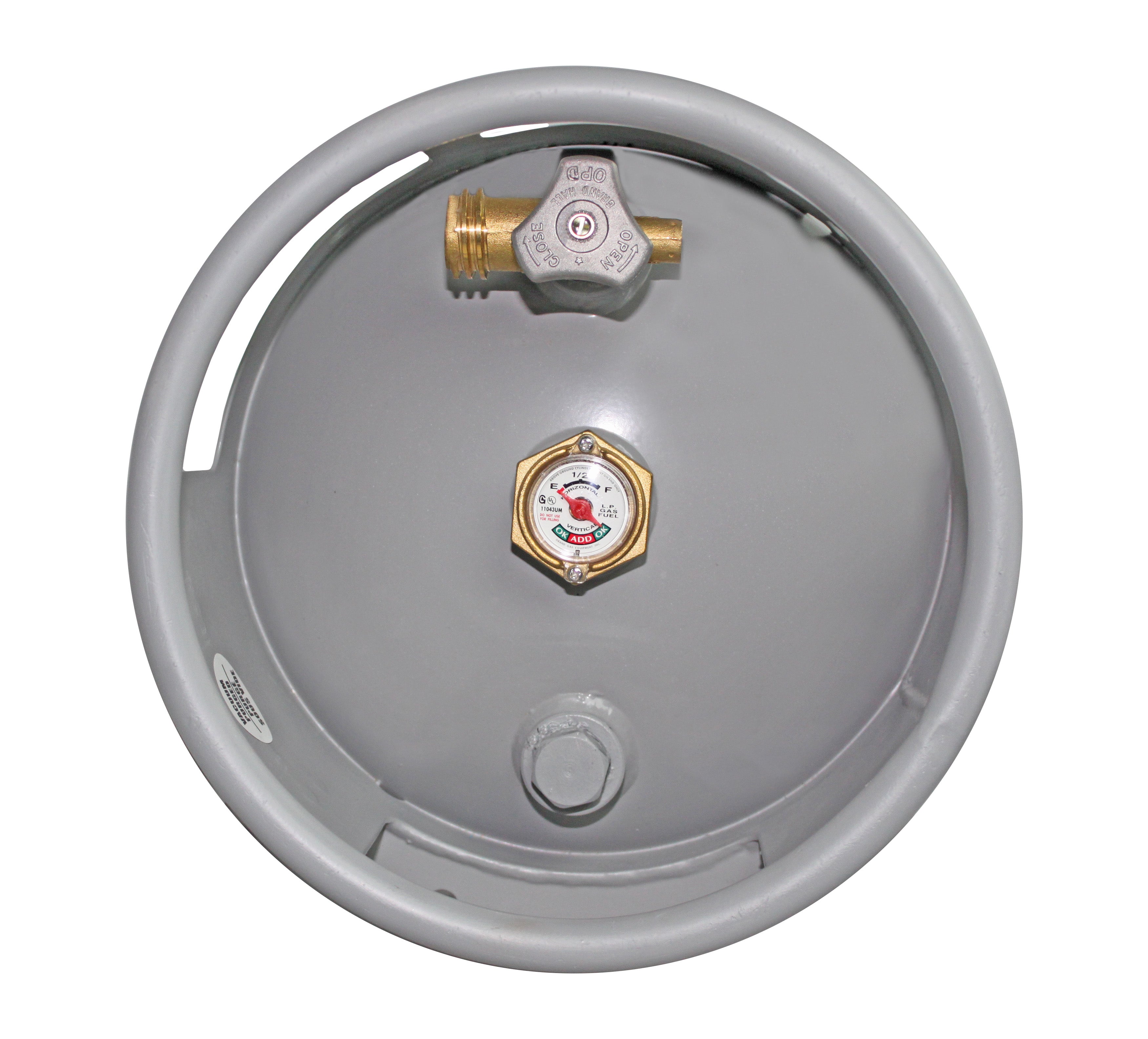 Flame King 40lb horizontal and vertical propane cylinder with OPD valve and wheels for easy transport.