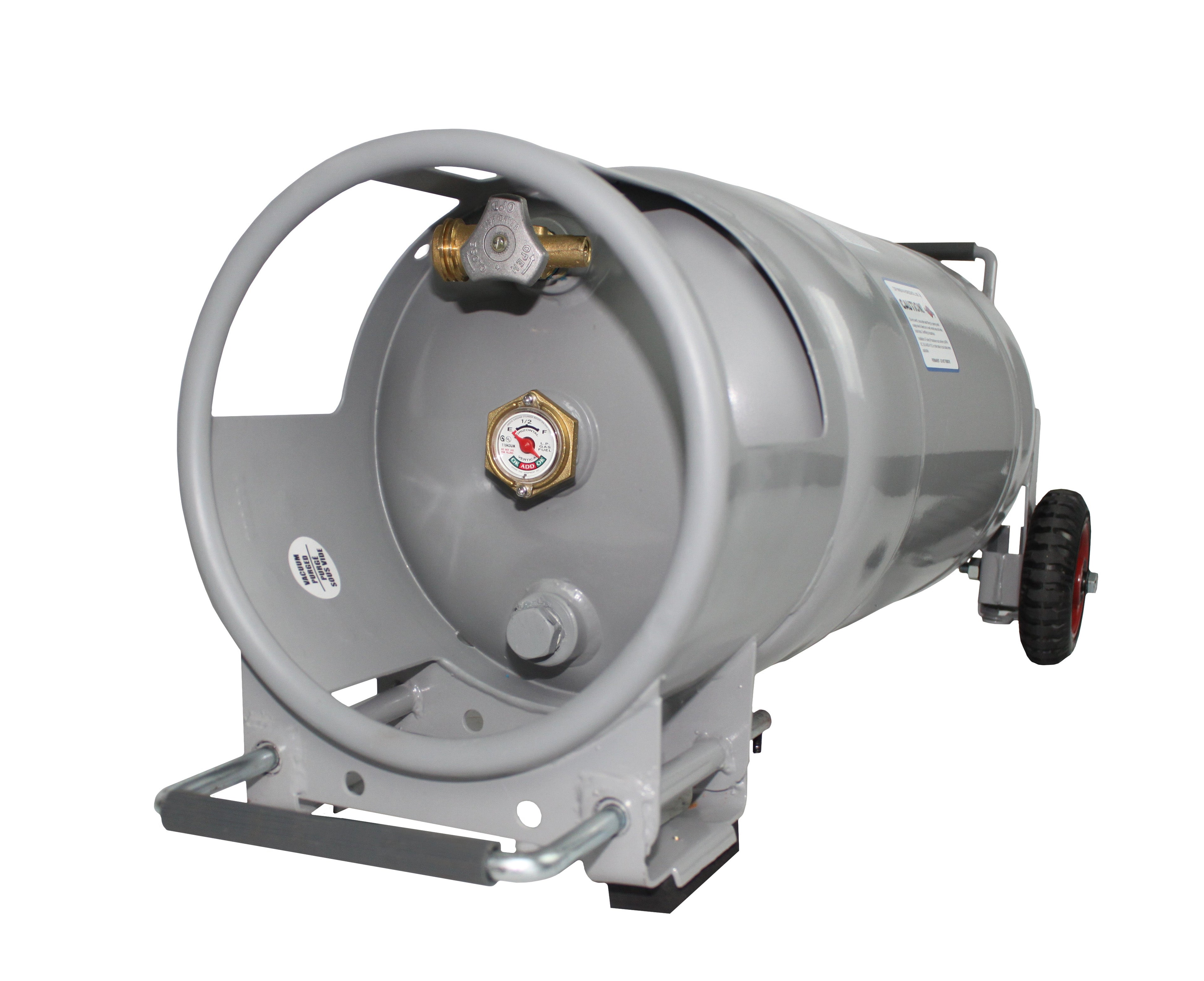Horizontal and vertical Flame King 40lb propane cylinder with OPD valve and wheels, designed for safe, portable propane storage.
