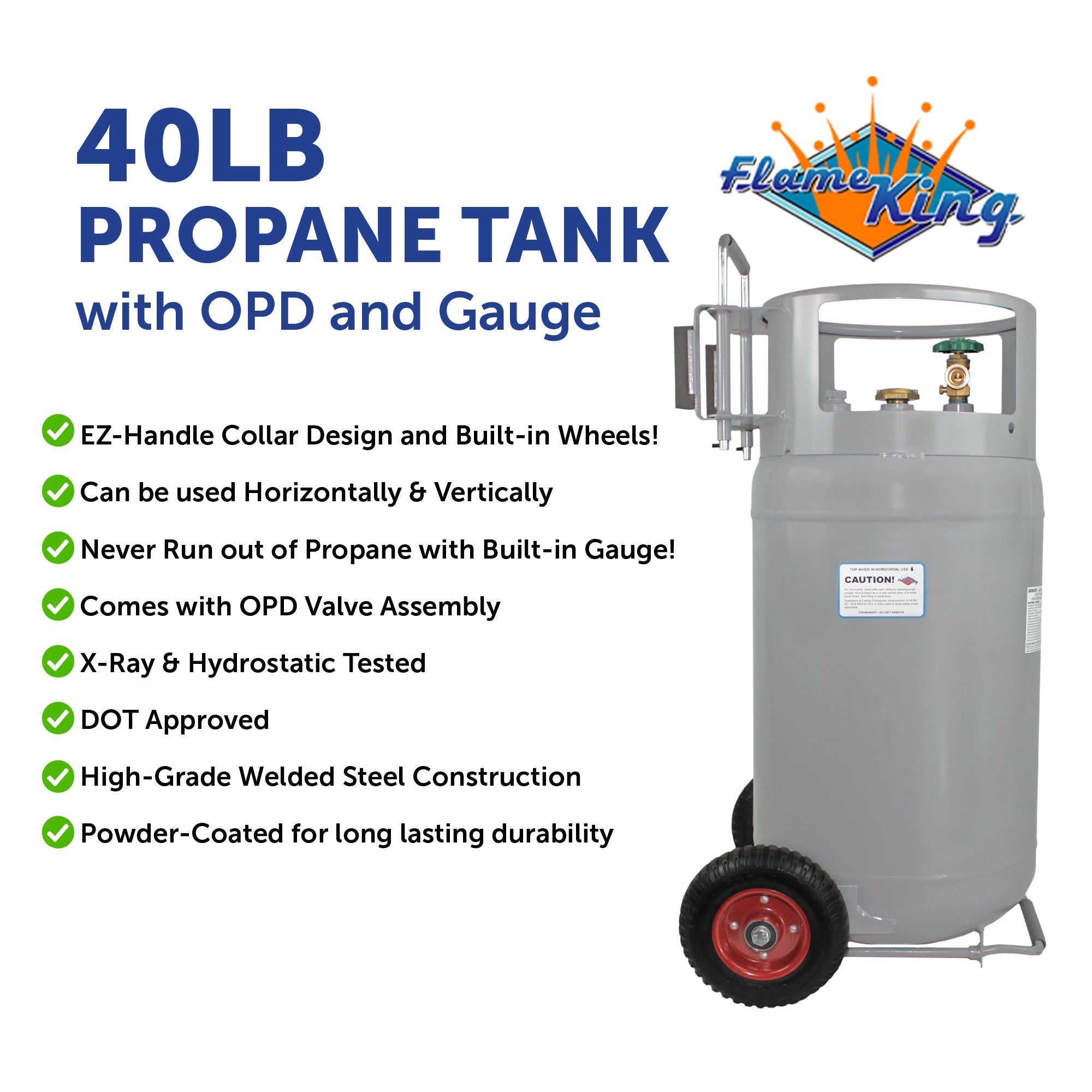 Flame King 40lb Horizontal & Vertical Empty Propane Cylinder with OPD & Wheels - OVERLANDERS Outfitter
