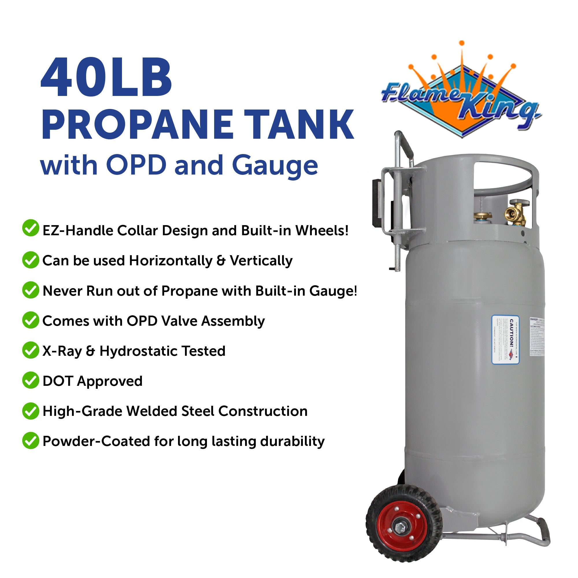 Flame King 40lb Horizontal & Vertical Empty Propane Cylinder with OPD & Wheels - OVERLANDERS Outfitter