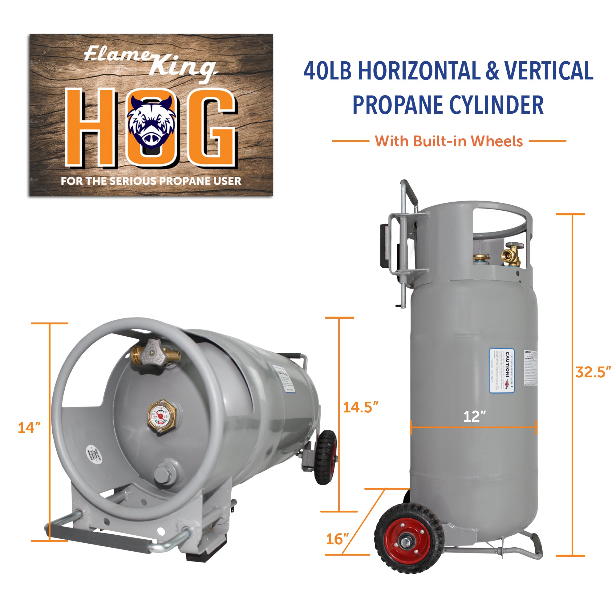 Flame King 40lb Horizontal & Vertical Empty Propane Cylinder with OPD & Wheels - OVERLANDERS Outfitter